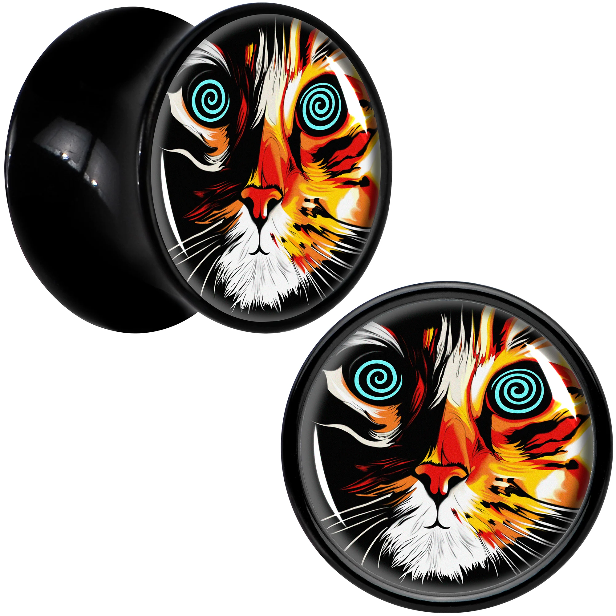 Colorful Trippy Cat Black Acrylic Saddle Plug Set 8mm to 20mm by Onyx O - Image 9