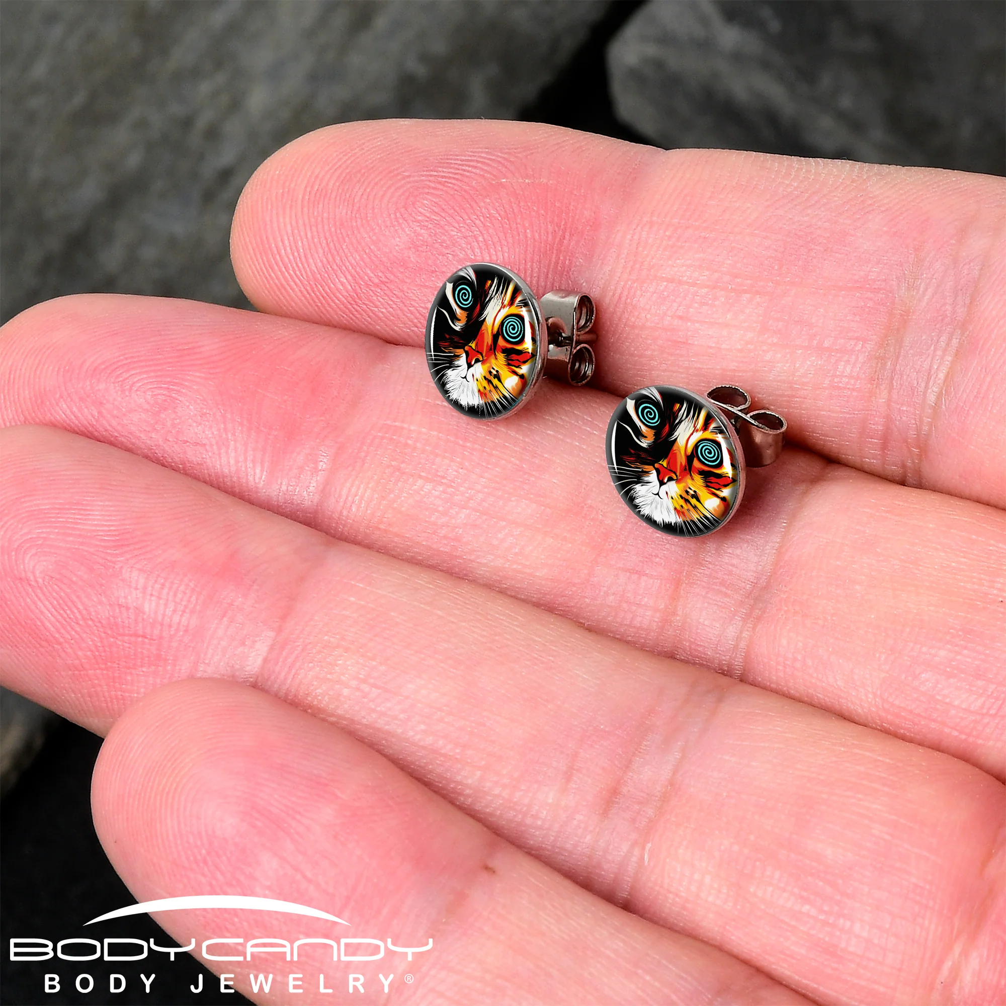 Colorful Trippy Cat Stud Earrings by Onyx O - Image 2