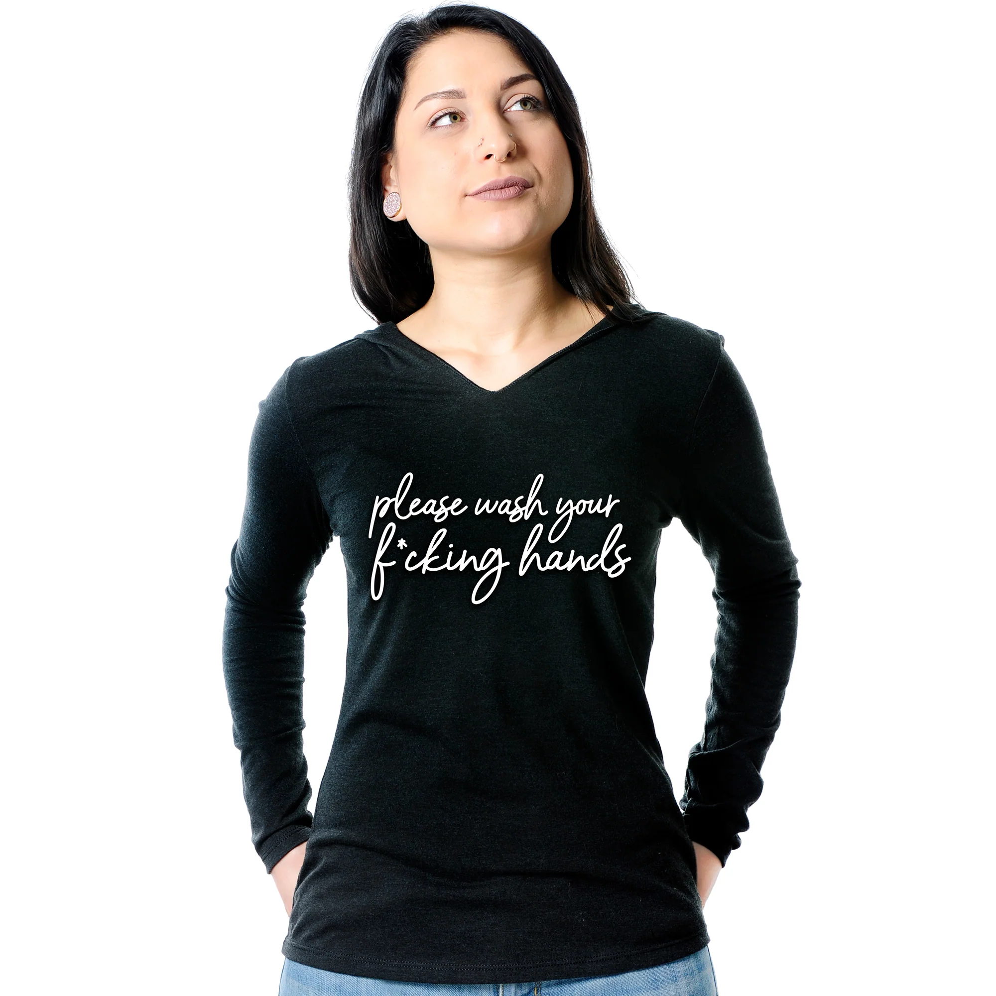 Cursive Please Wash Your F*cking Hands Tapered Long Sleeve Hoodie - Image 3