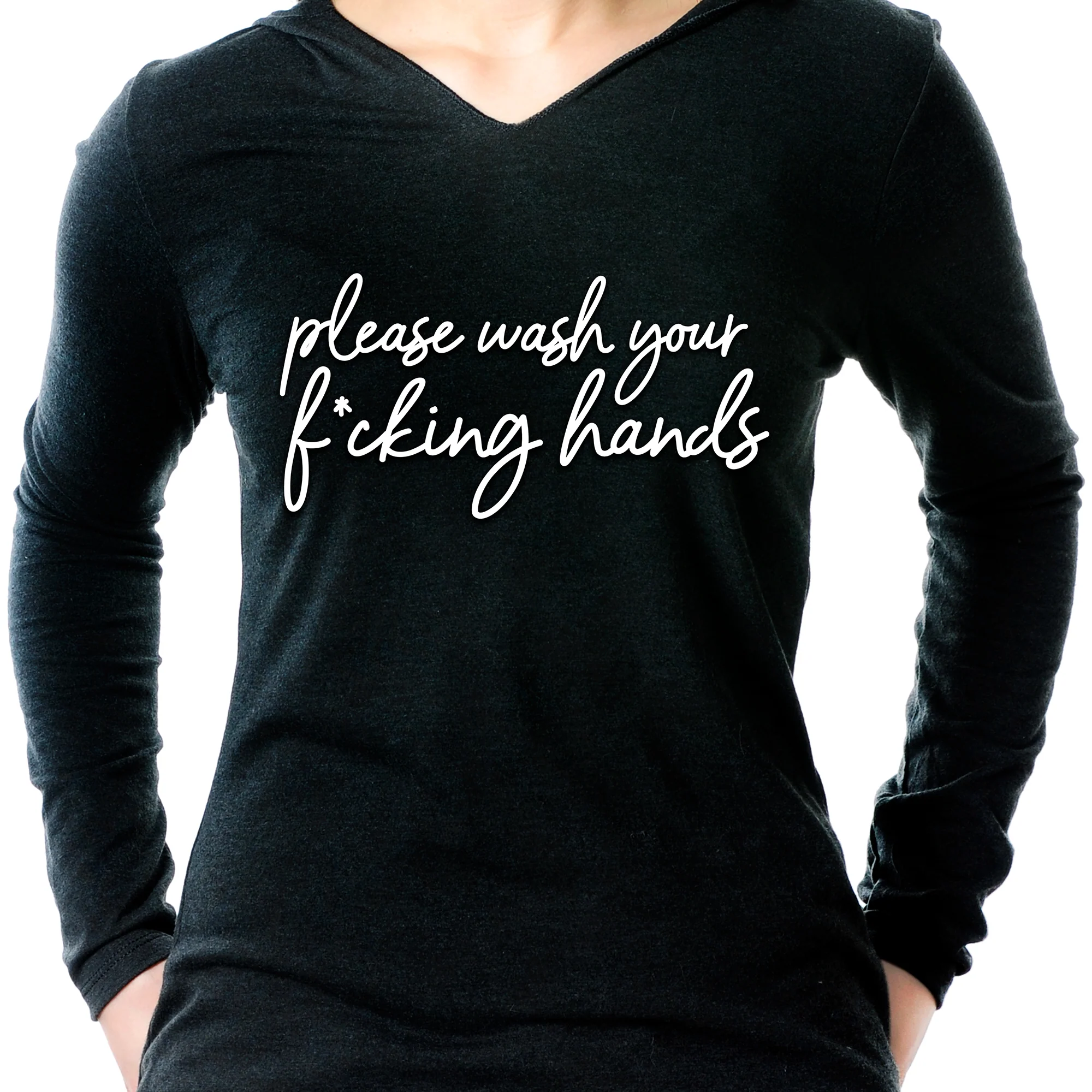 Cursive Please Wash Your F*cking Hands Tapered Long Sleeve Hoodie - Image 9