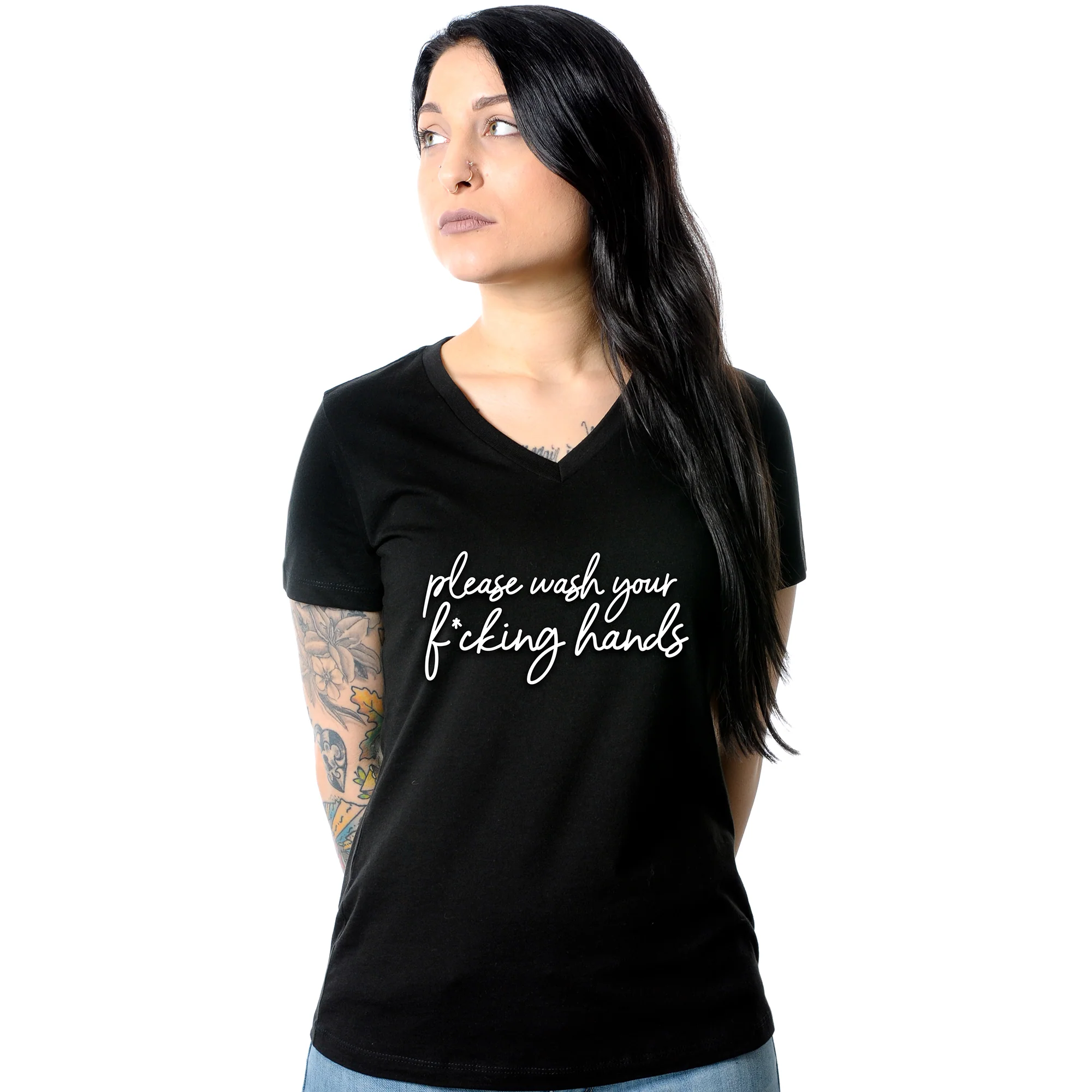 Cursive Please Wash Your F*cking Hands Tapered V-Neck Tee - Image 3