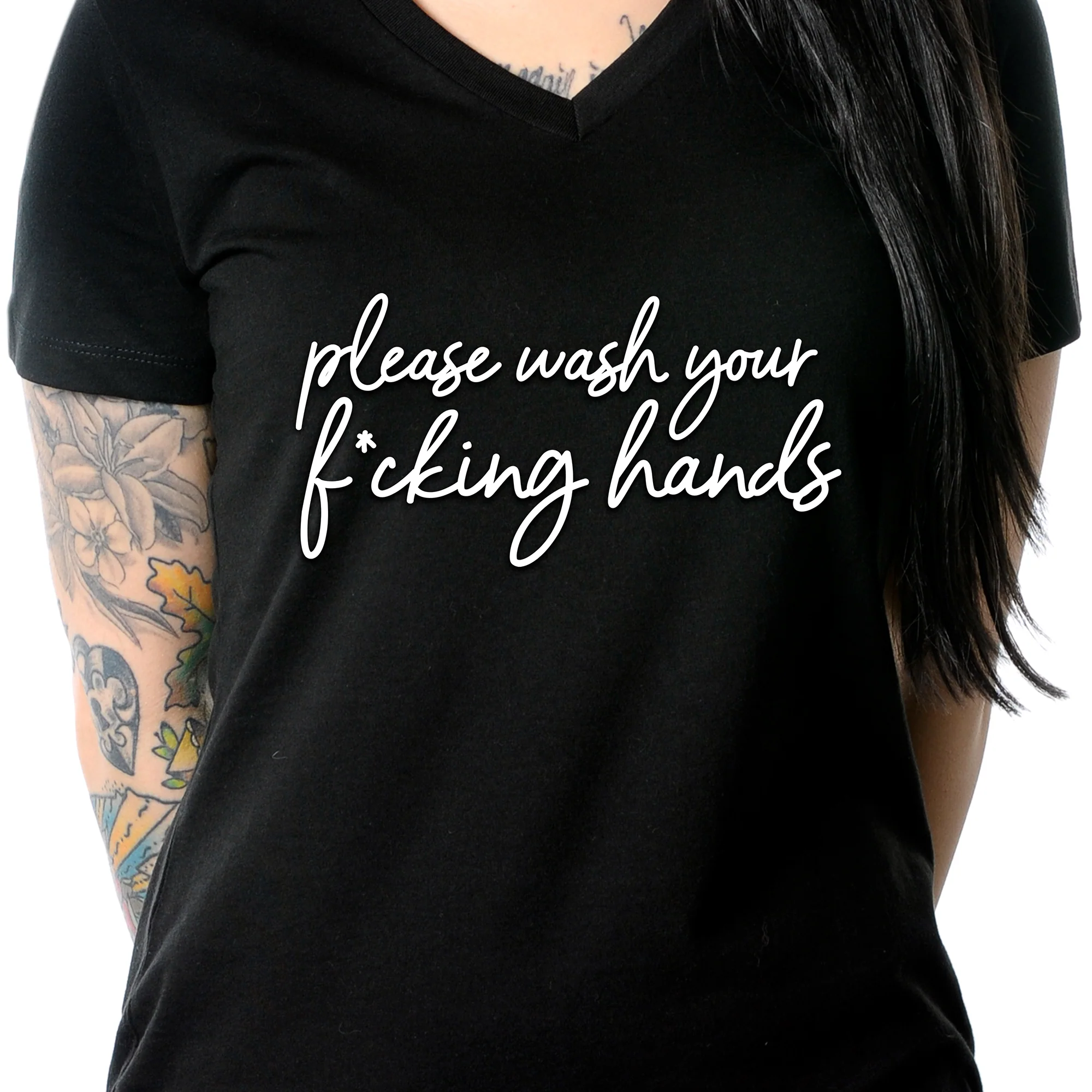 Cursive Please Wash Your F*cking Hands Tapered V-Neck Tee - Image 7