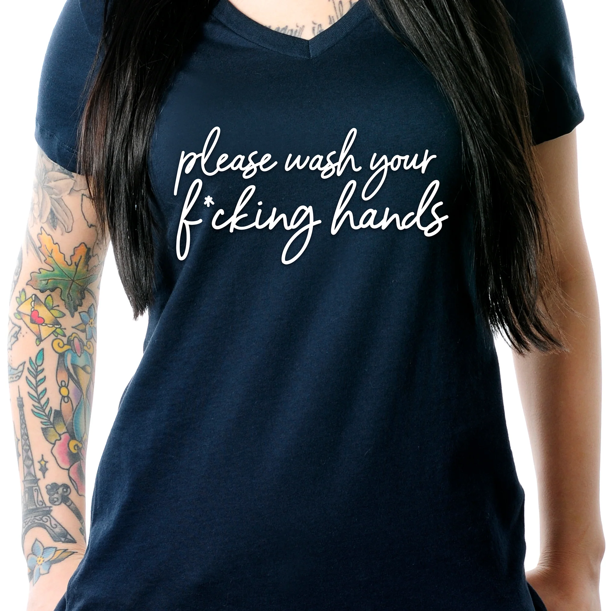 Cursive Please Wash Your F*cking Hands Tapered V-Neck Tee - Image 8