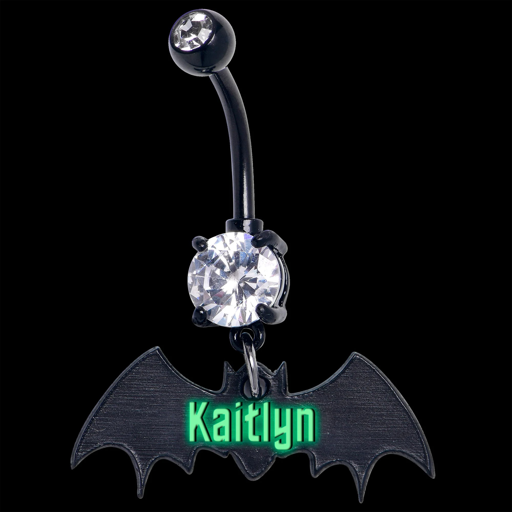 Custom Black Bat Glow in the Dark Personalized Dangle Belly Ring - Image 2