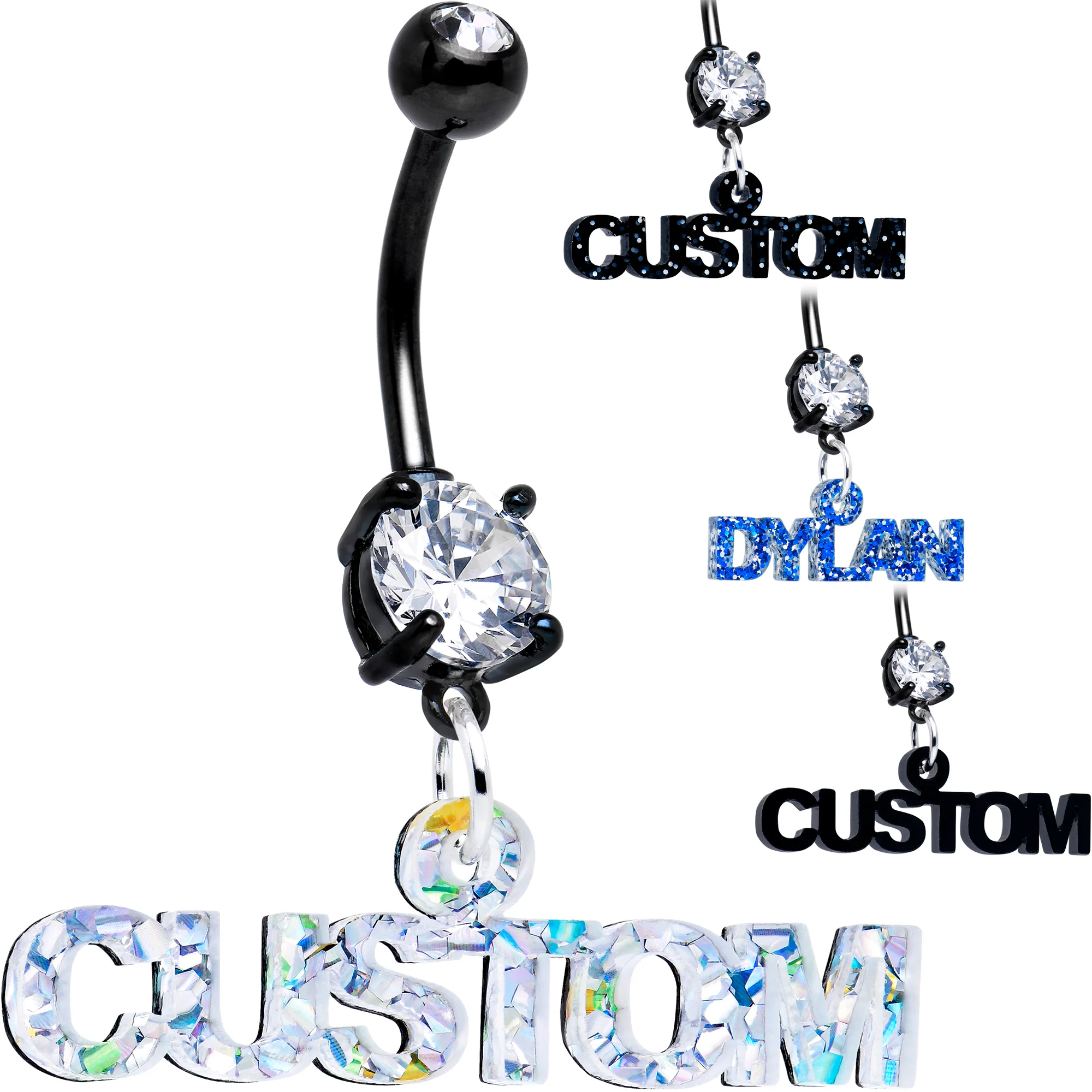 Custom Black Double Gem Personalized Name Belly Ring - Image 8