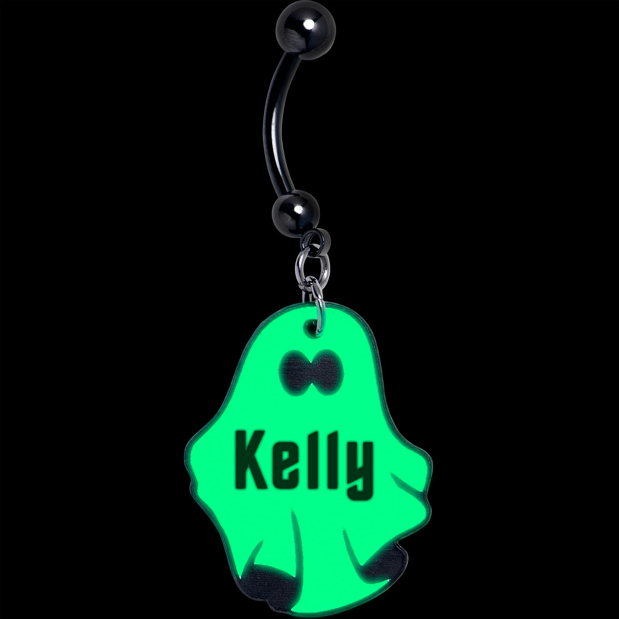 Custom Black Glow In The Dark Halloween Ghost Dangle Belly Ring - Image 2