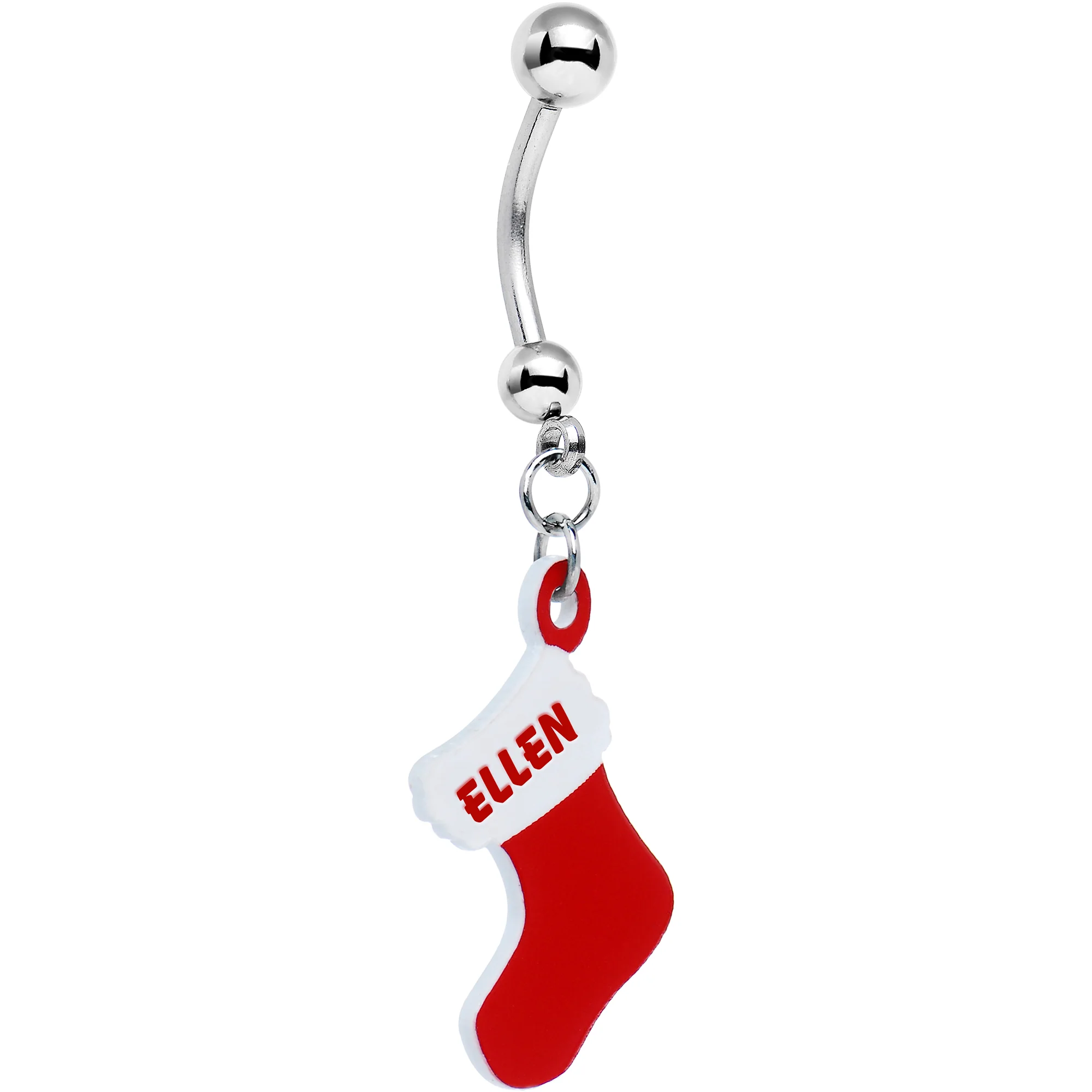 Custom Red White Christmas Stocking Personalized Dangle Belly Ring - Image 2