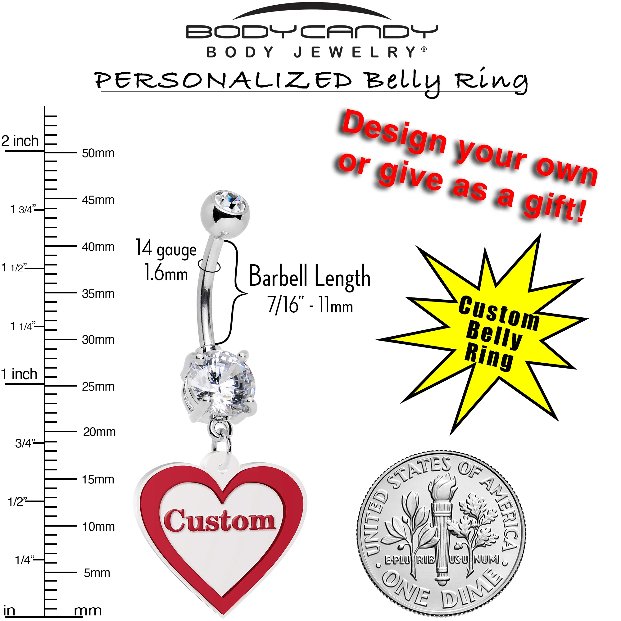 Custom Double Gem Red White Valentines Day Heart Personalized Dangle Belly Ring - Image 3