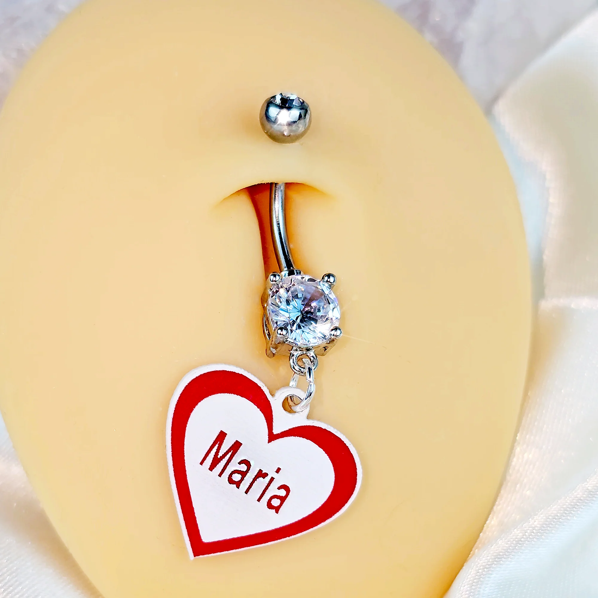 Custom Double Gem Red White Valentines Day Heart Personalized Dangle Belly Ring - Image 4