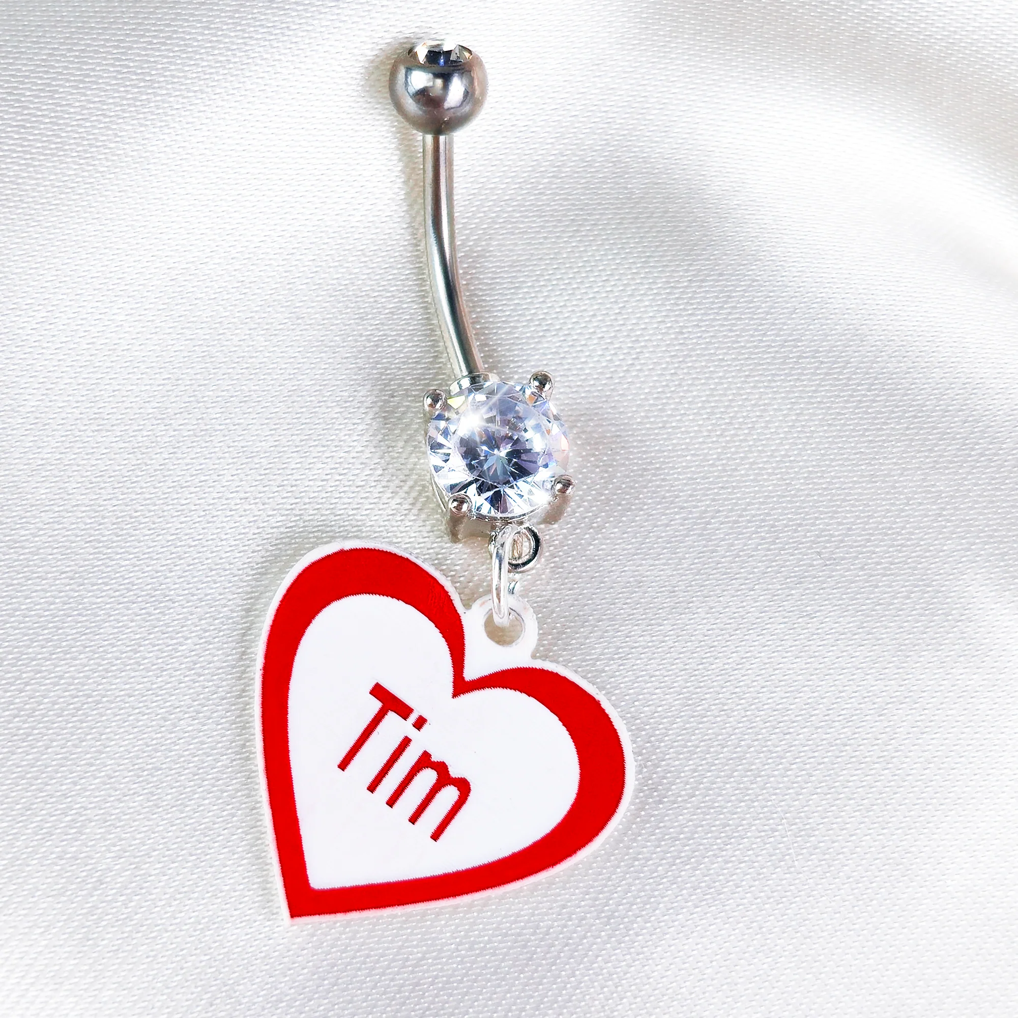 Custom Double Gem Red White Valentines Day Heart Personalized Dangle Belly Ring - Image 5