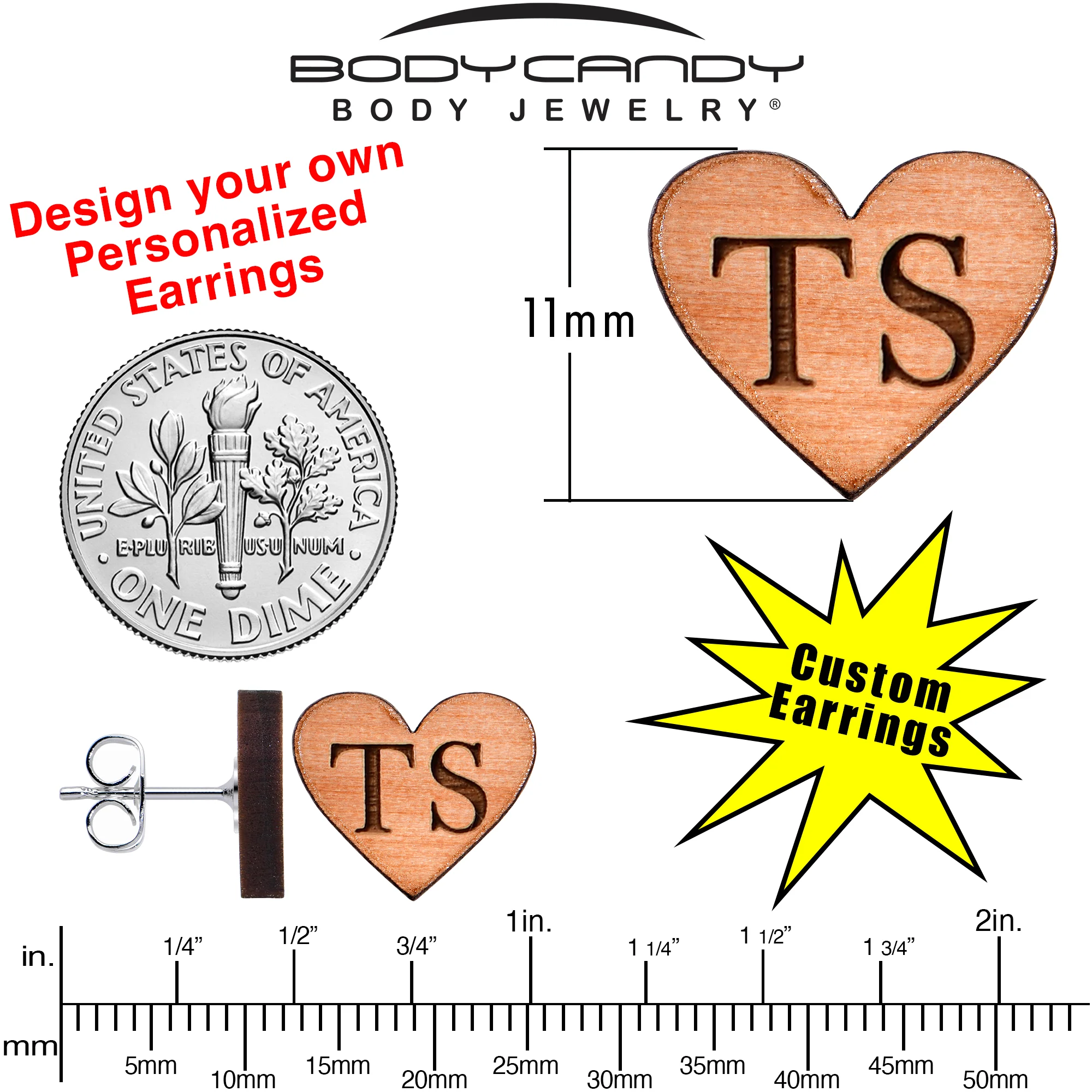 Custom No 1 Earrings Wood Initial Heart Personalized Stud Earrings - Image 5