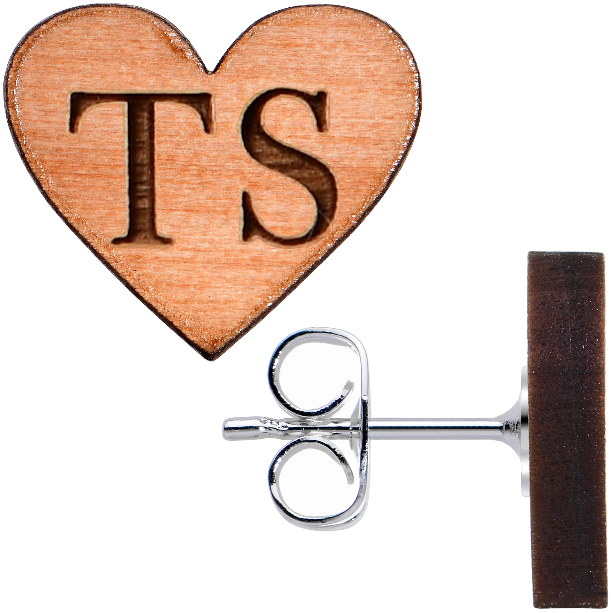 Custom No 1 Earrings Wood Initial Heart Personalized Stud Earrings - Image 8