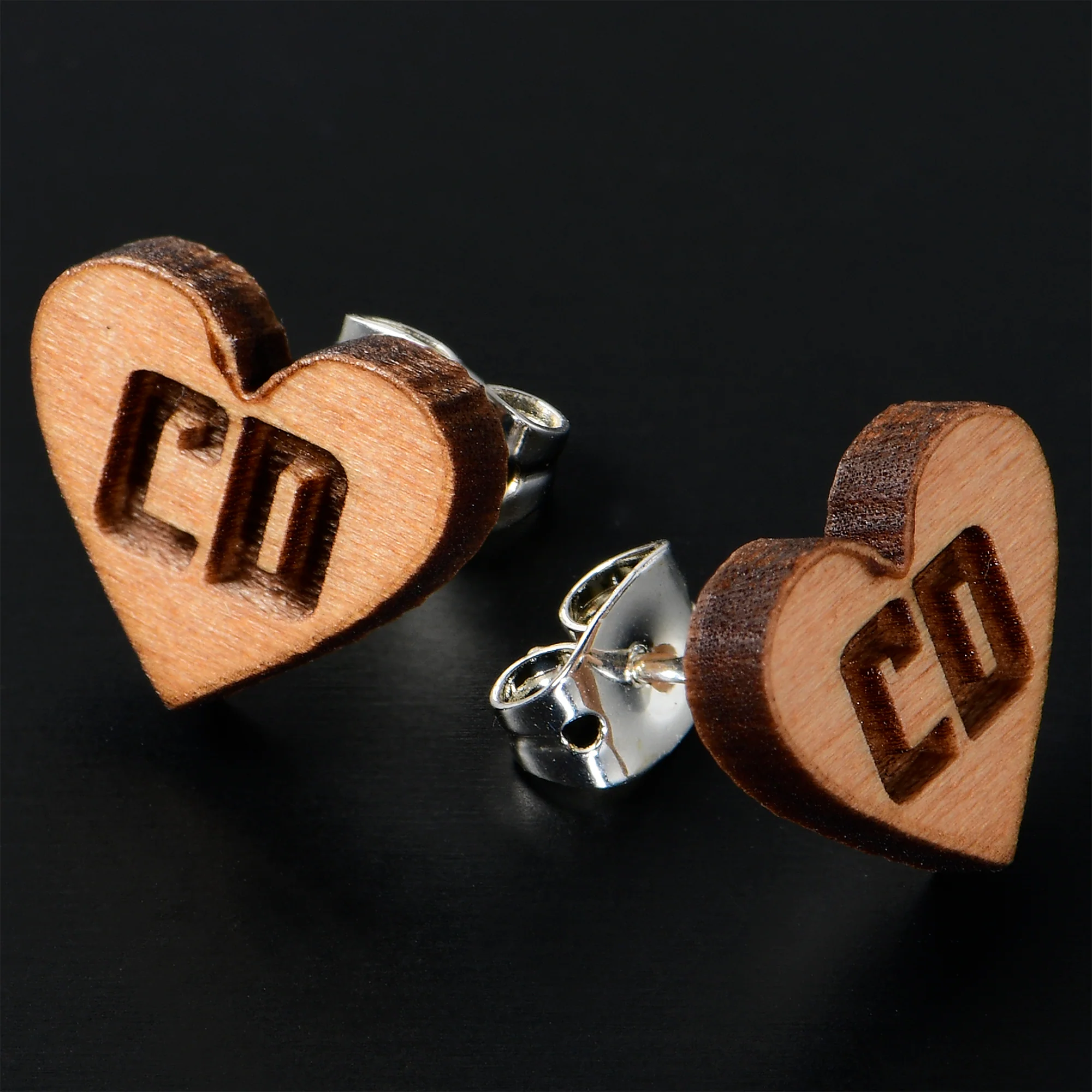 Custom No 2 Earrings Wood Initial Heart Personalized Stud Earrings - Image 2