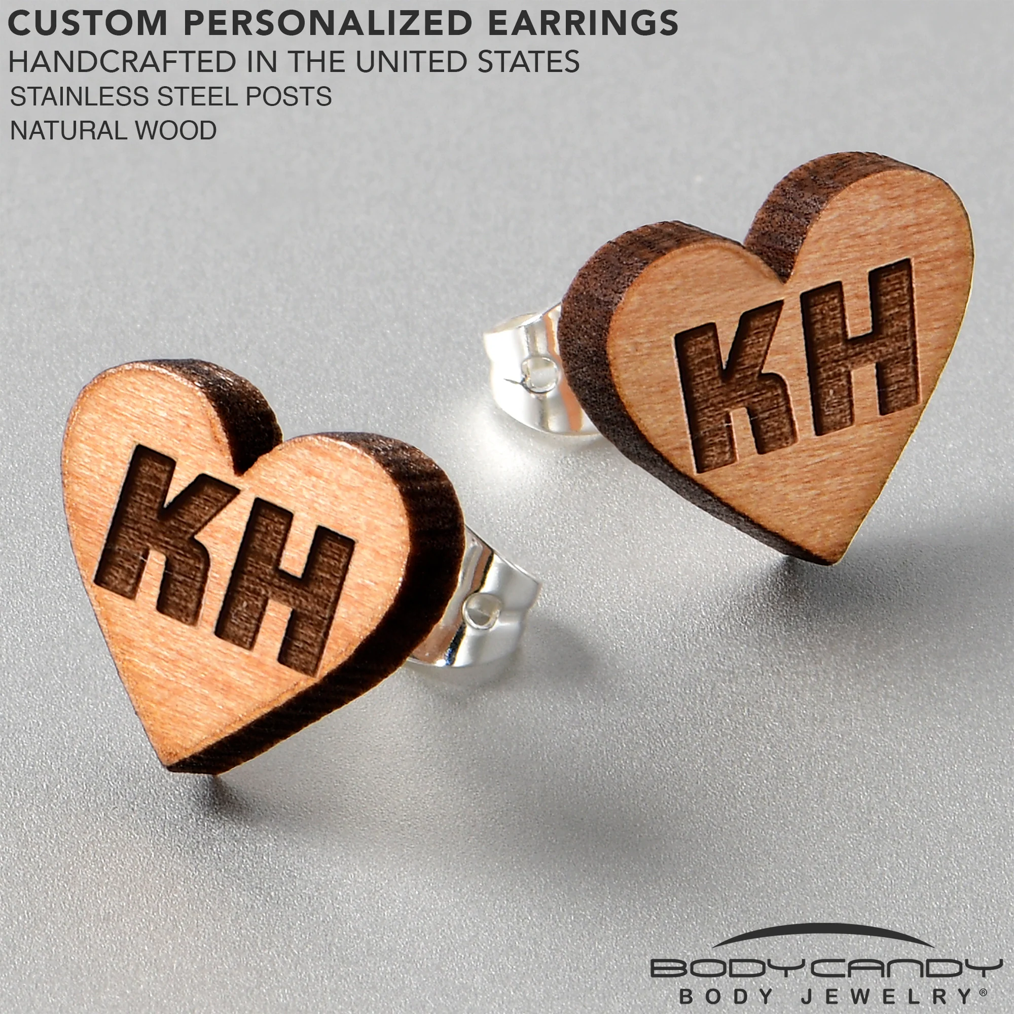 Custom No 2 Earrings Wood Initial Heart Personalized Stud Earrings - Image 3