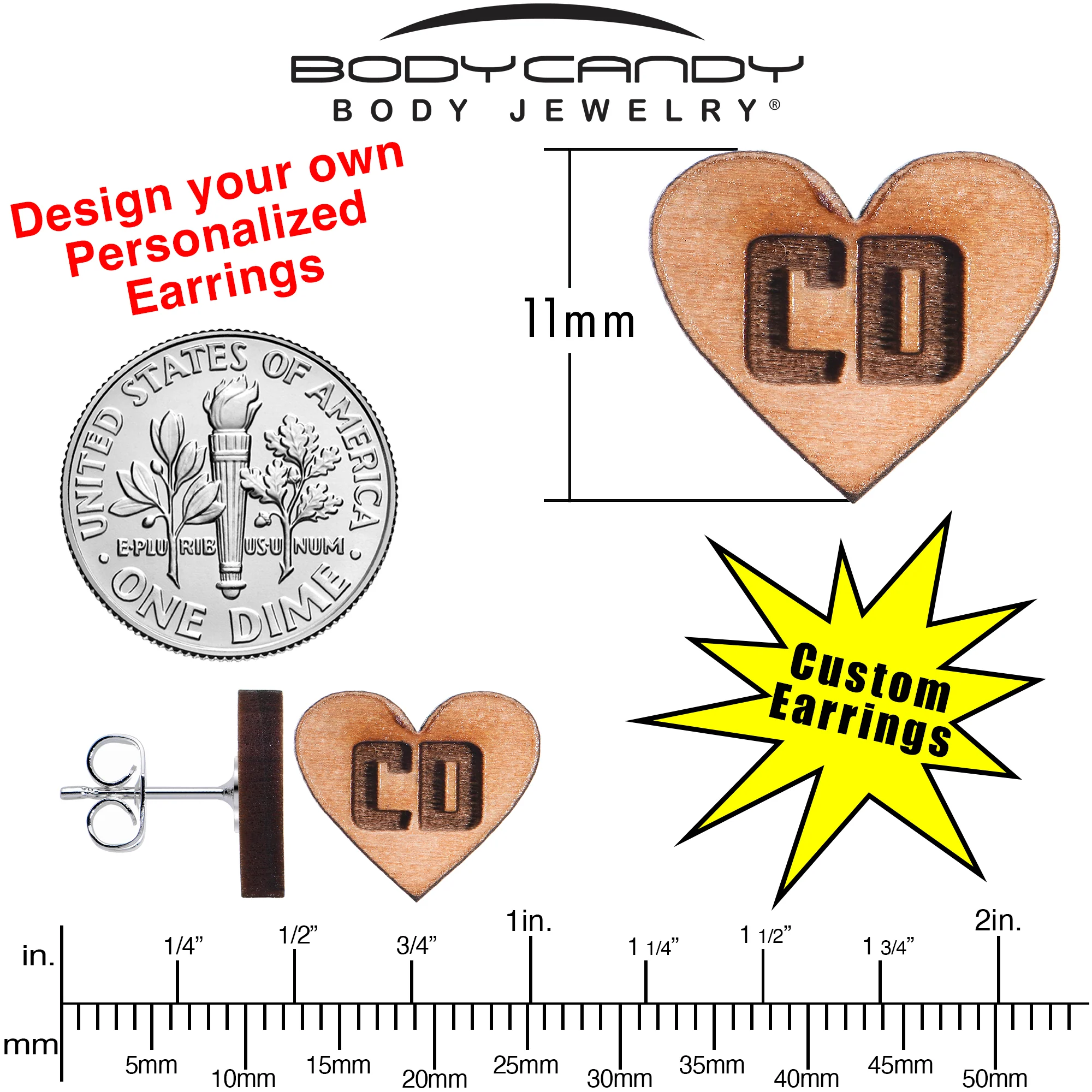 Custom No 2 Earrings Wood Initial Heart Personalized Stud Earrings - Image 5