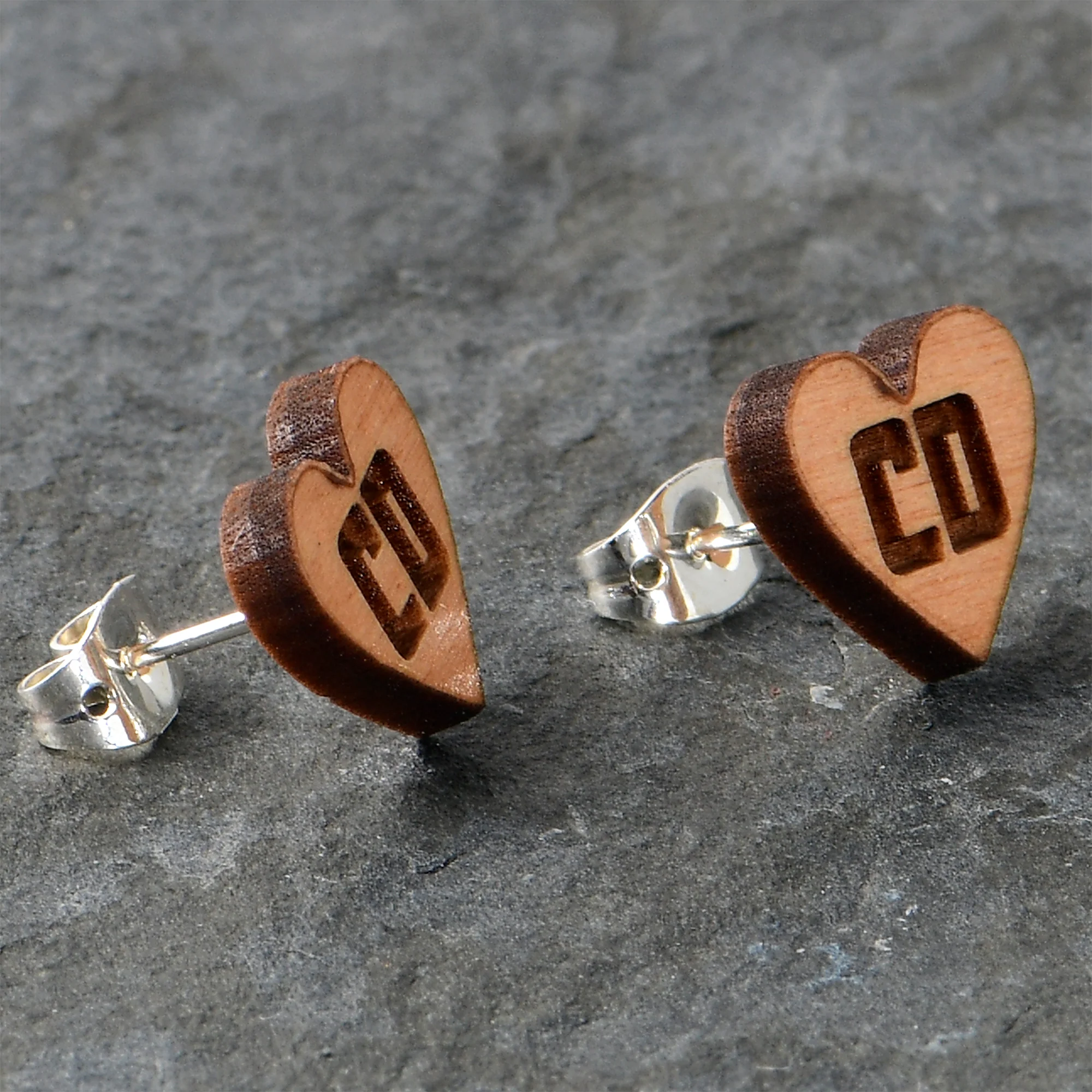 Custom No 2 Earrings Wood Initial Heart Personalized Stud Earrings - Image 6