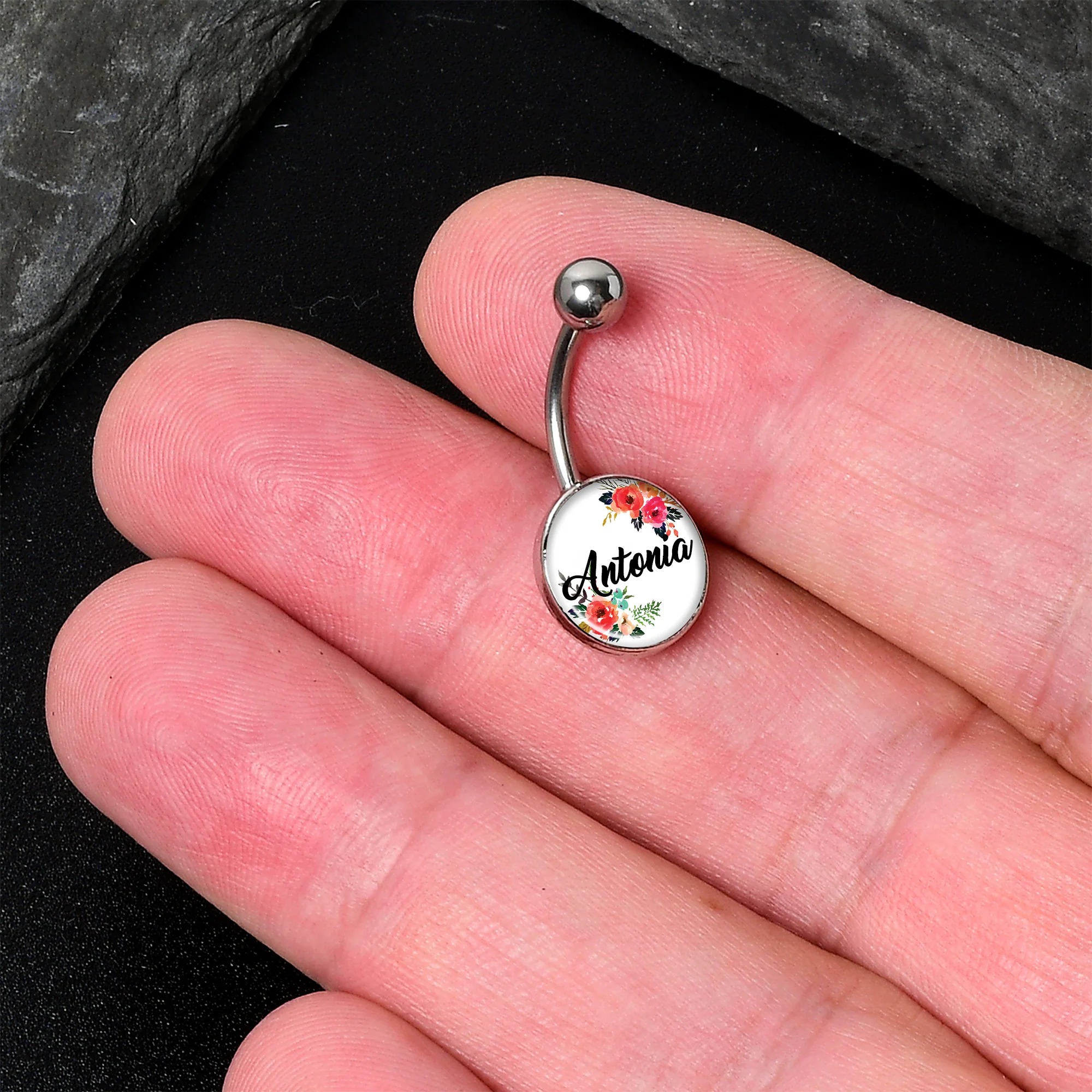 Custom Floral Personalized Name Belly Ring - Image 2