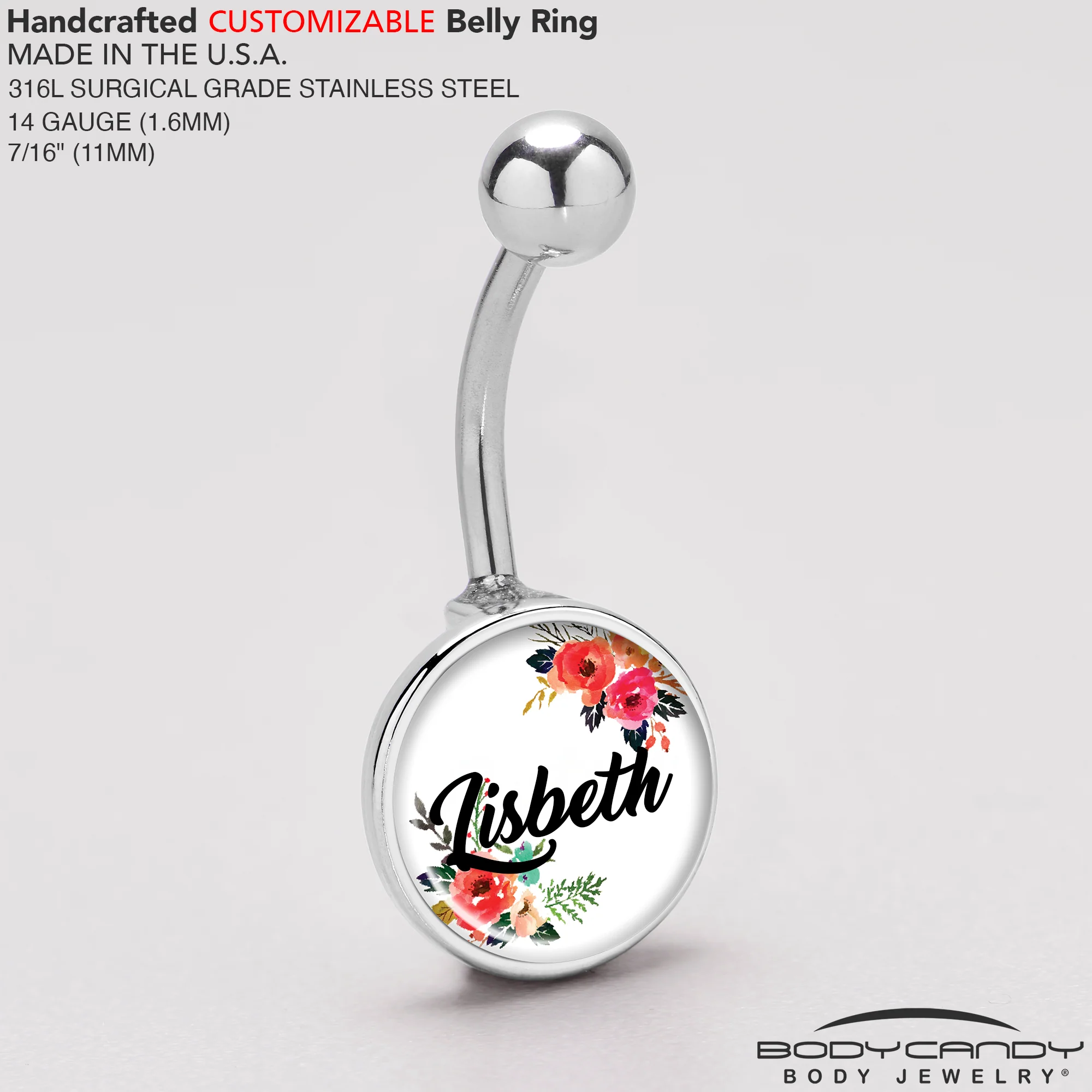 Custom Floral Personalized Name Belly Ring - Image 5