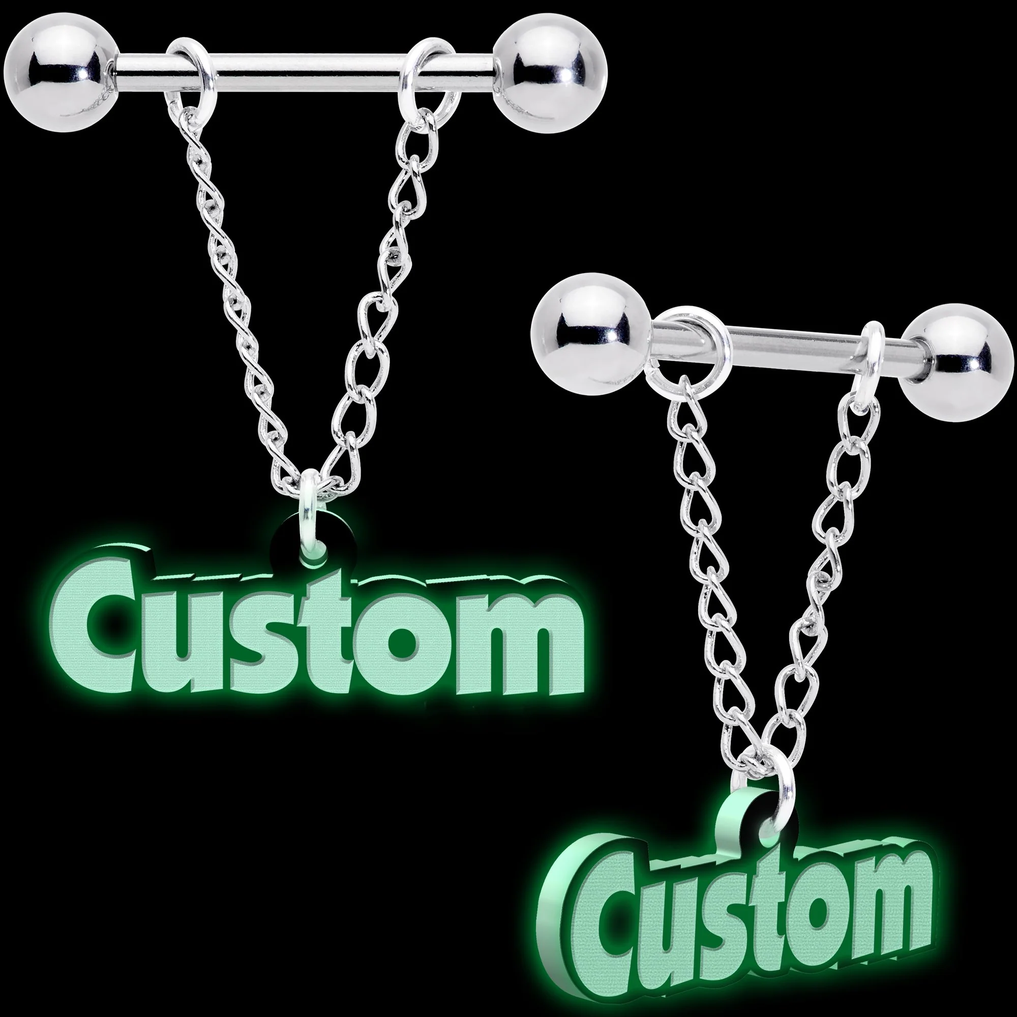 Custom Glow in the Dark Chain Personalized Name Dangle Nipple Ring Set - Image 3