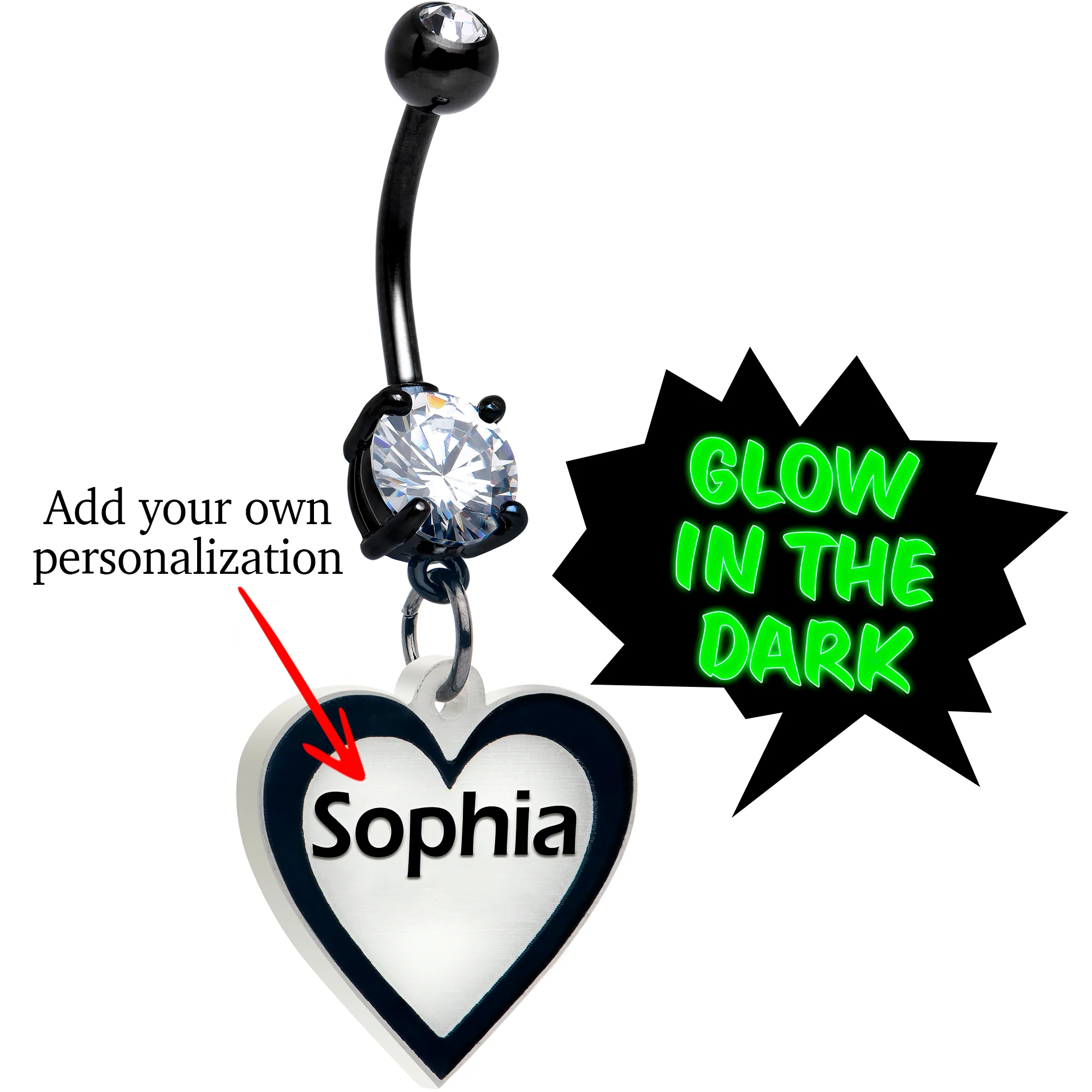 Custom Glow in the Dark Heart Dangle Personalized Belly Ring - Image 3