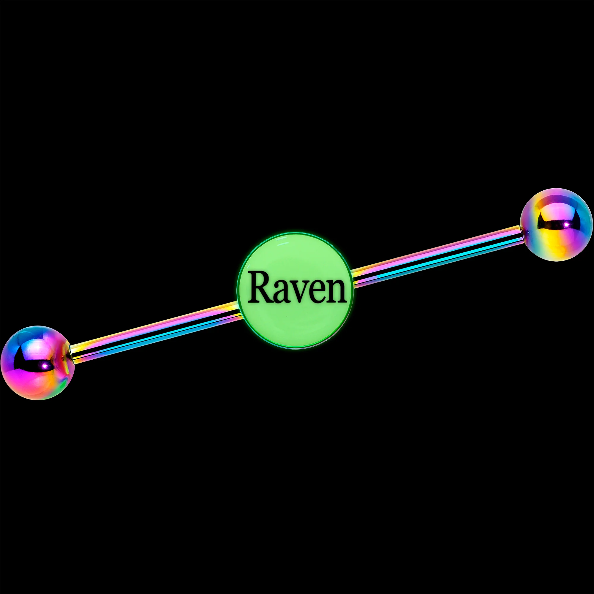 Custom Glow in the Dark Personalized Industrial Barbell in Rainbow Titanium - Image 2