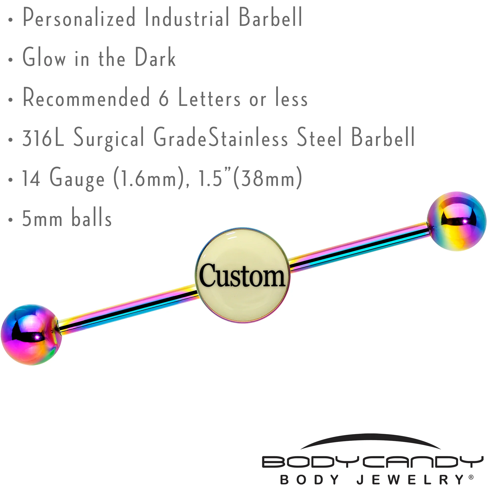 Custom Glow in the Dark Personalized Industrial Barbell in Rainbow Titanium - Image 3