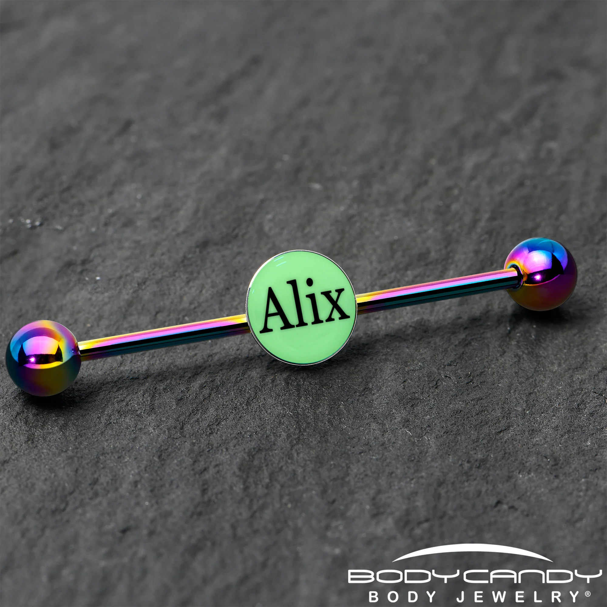 Custom Glow in the Dark Personalized Industrial Barbell in Rainbow Titanium - Image 4