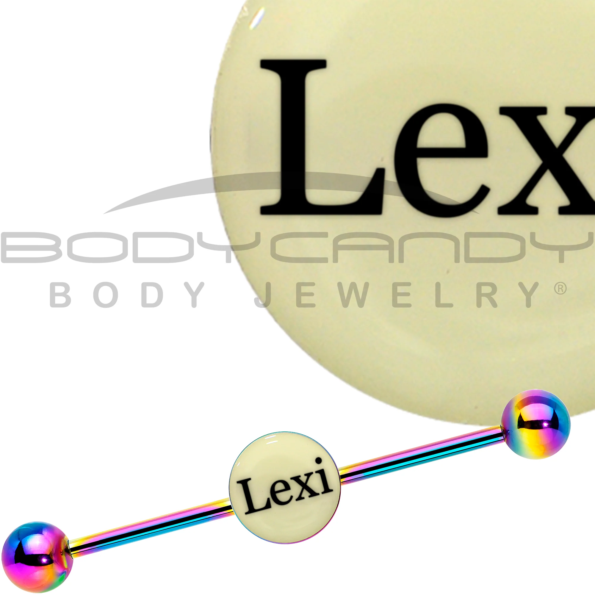 Custom Glow in the Dark Personalized Industrial Barbell in Rainbow Titanium - Image 5