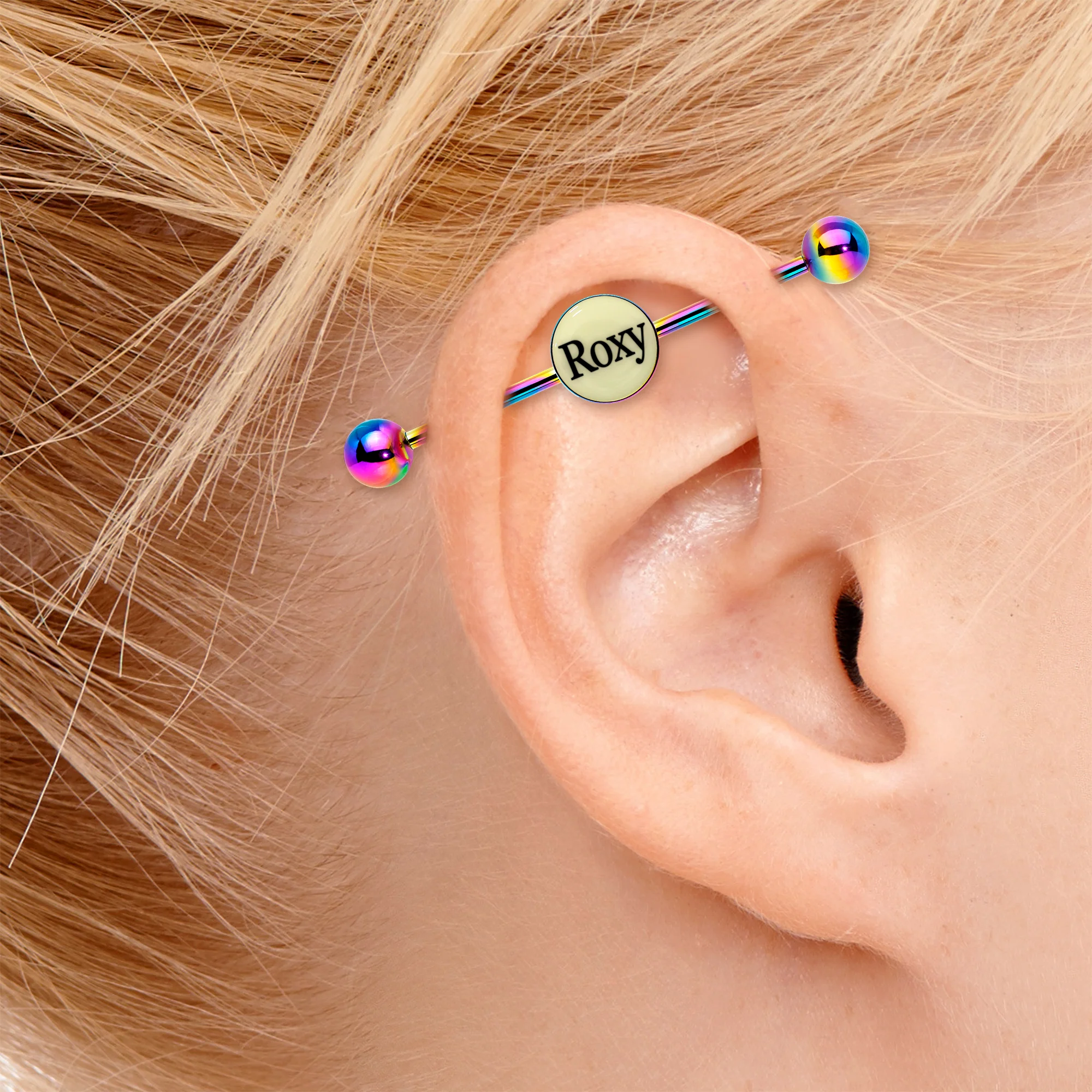 Custom Glow in the Dark Personalized Industrial Barbell in Rainbow Titanium - Image 6