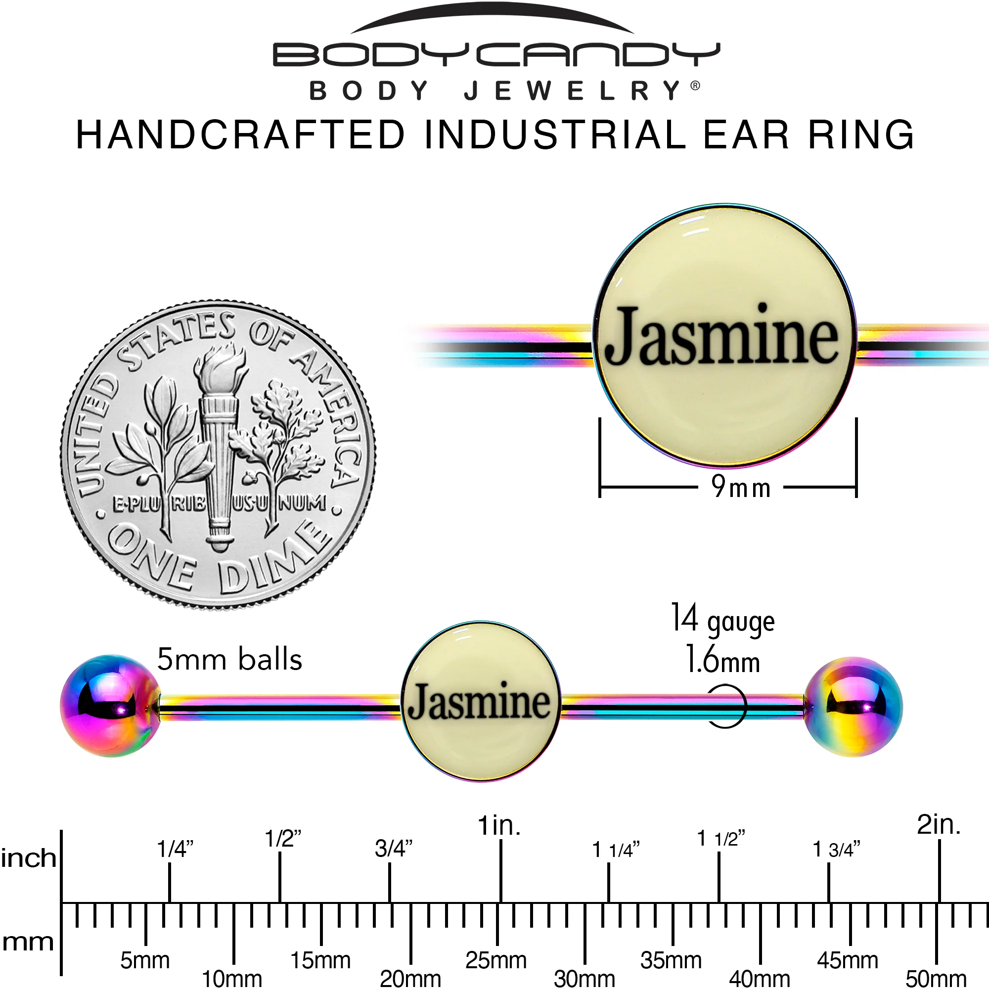 Custom Glow in the Dark Personalized Industrial Barbell in Rainbow Titanium - Image 7