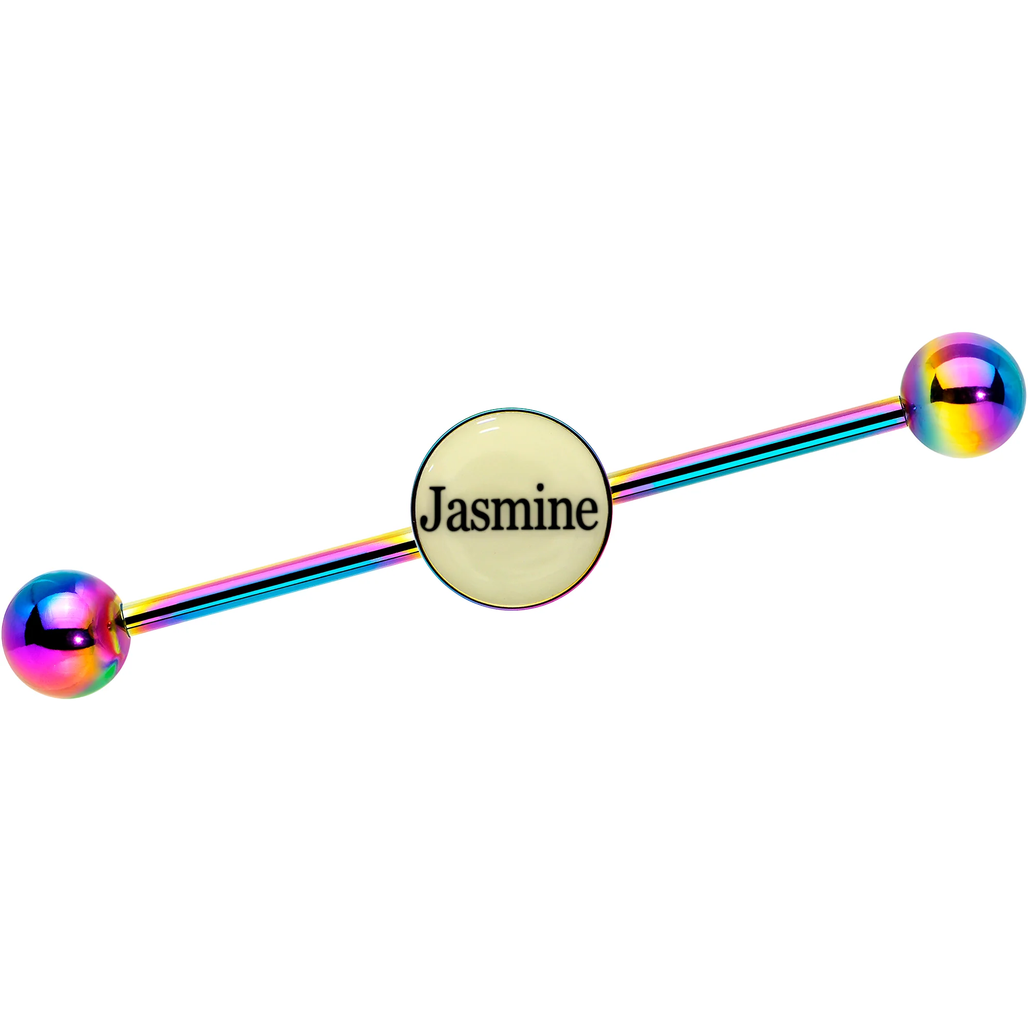 Custom Glow in the Dark Personalized Industrial Barbell in Rainbow Titanium - Image 8