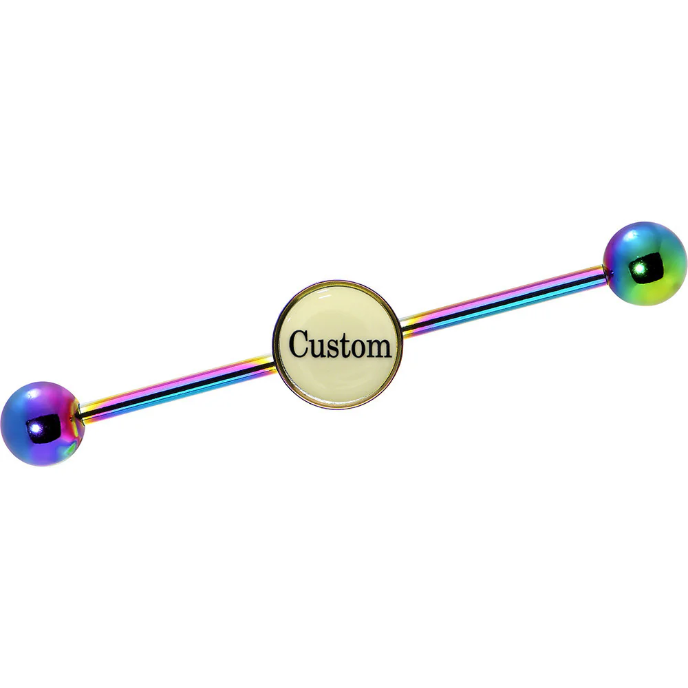 Custom Glow in the Dark Personalized Industrial Barbell in Rainbow Titanium - Image 9
