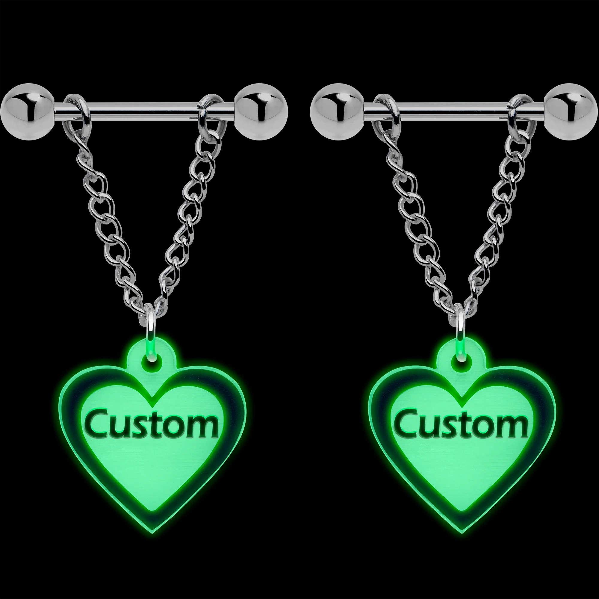 Custom Heart Glow in the Dark Chain Personalized Name Dangle Nipple Ring Set - Image 2