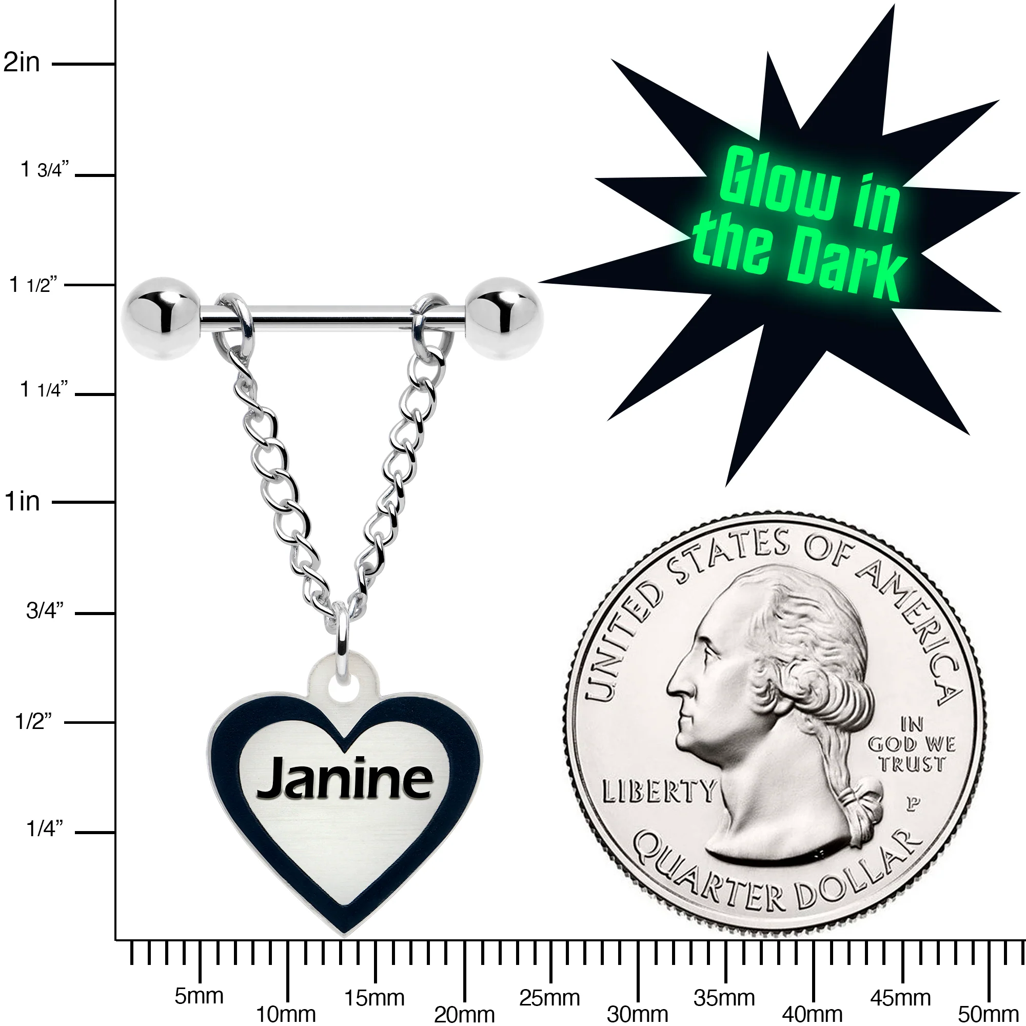 Custom Heart Glow in the Dark Chain Personalized Name Dangle Nipple Ring Set - Image 4