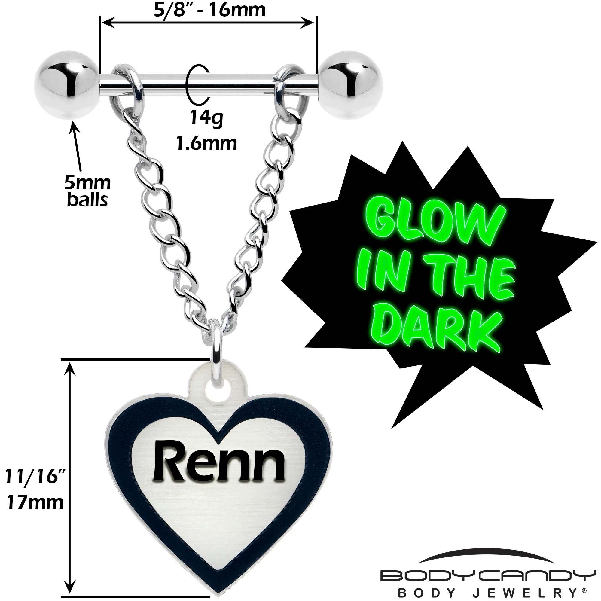Custom Heart Glow in the Dark Chain Personalized Name Dangle Nipple Ring Set - Image 5