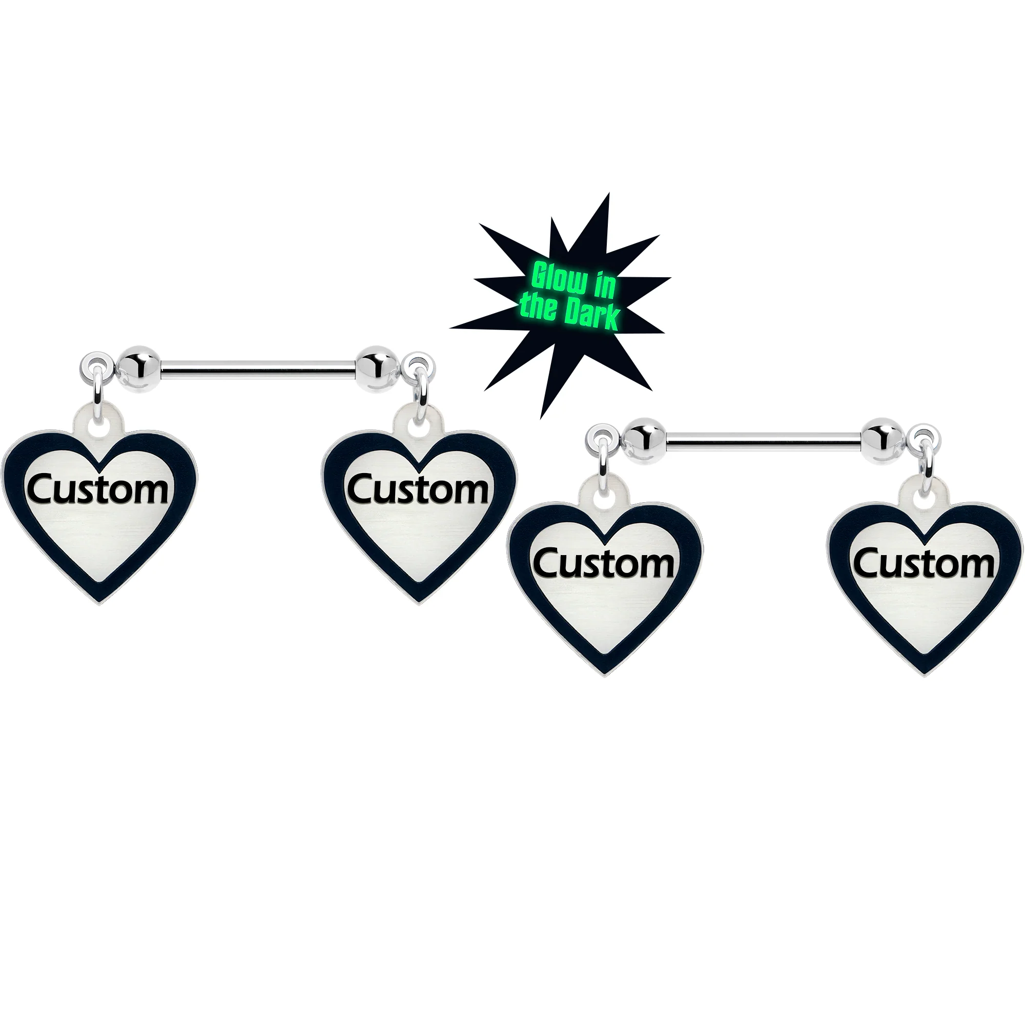Custom Heart Glow in the Dark Double Personalized Name Dangle Nipple Ring Set