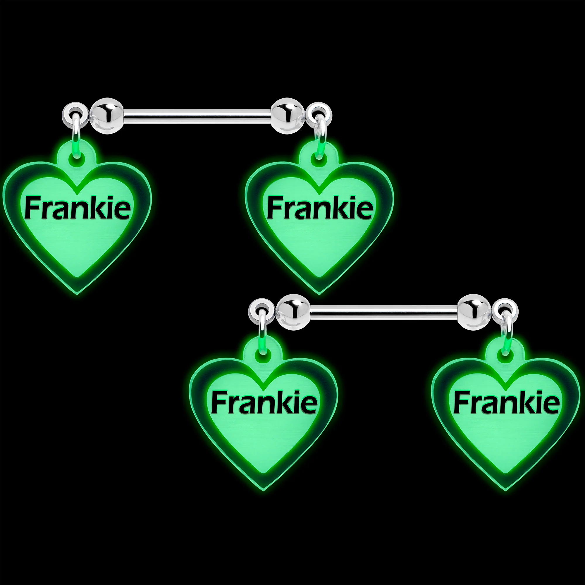 Custom Heart Glow in the Dark Double Personalized Name Dangle Nipple Ring Set - Image 2