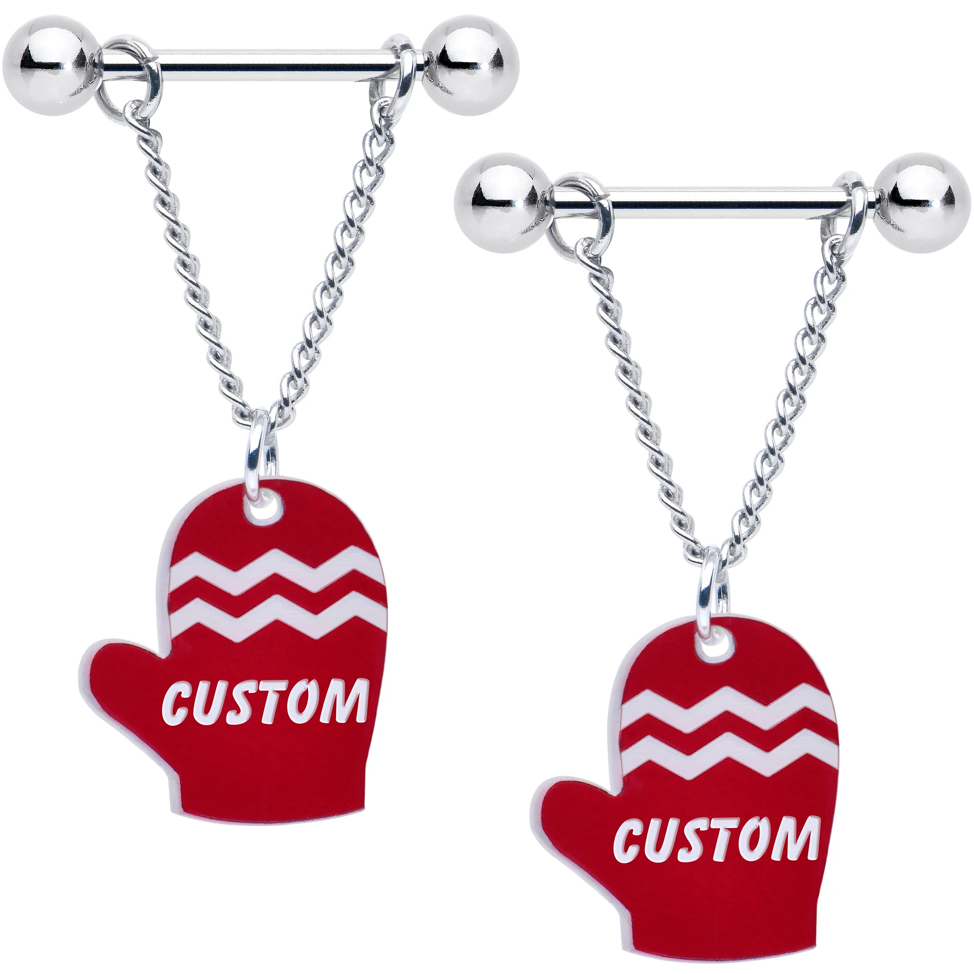 Custom Holiday Mittens Personalized Dangle Barbell Nipple Ring Set - Image 3