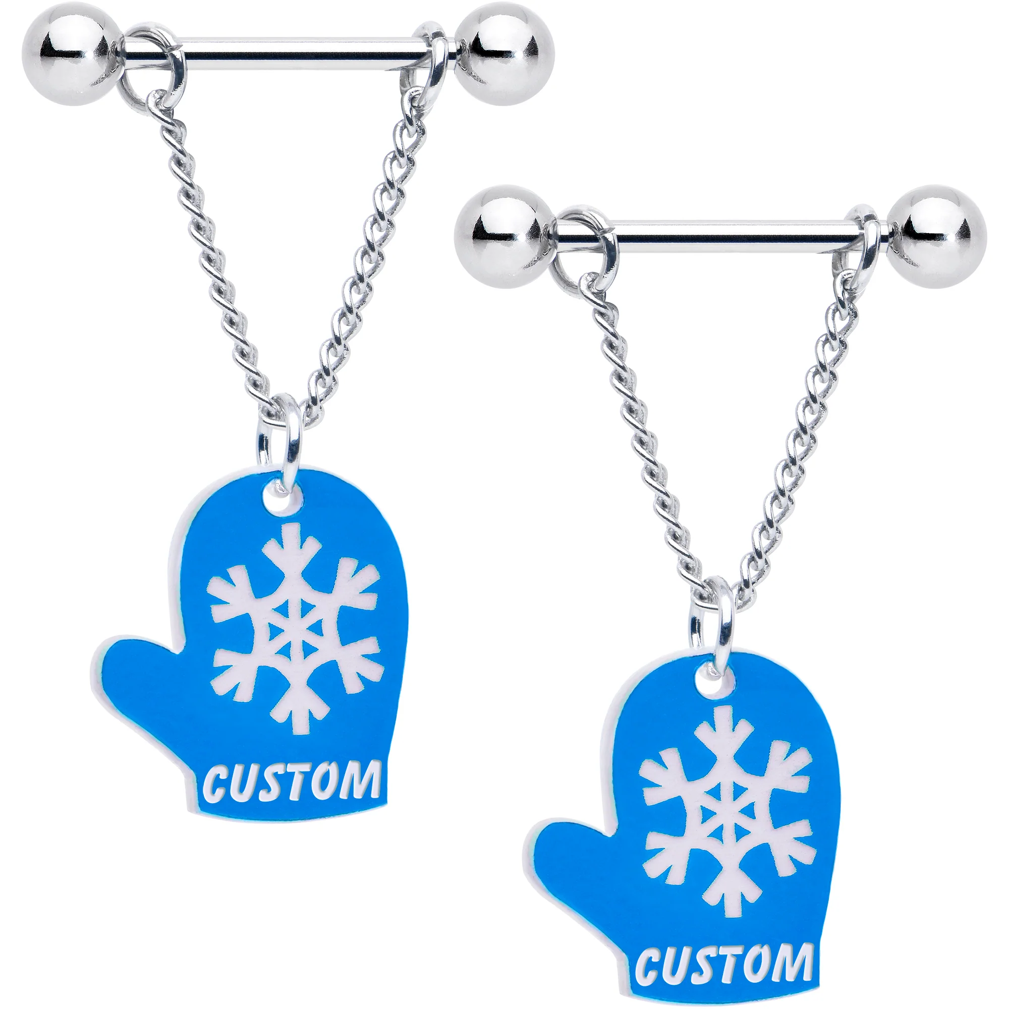 Custom Holiday Mittens Personalized Dangle Barbell Nipple Ring Set - Image 4