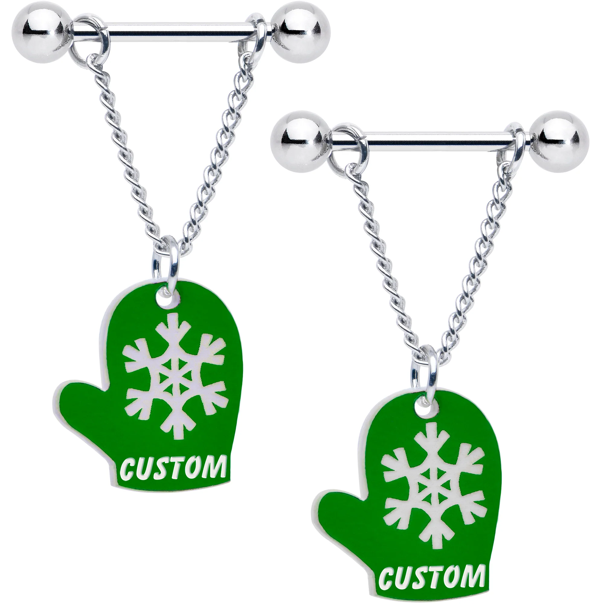 Custom Holiday Mittens Personalized Dangle Barbell Nipple Ring Set - Image 6