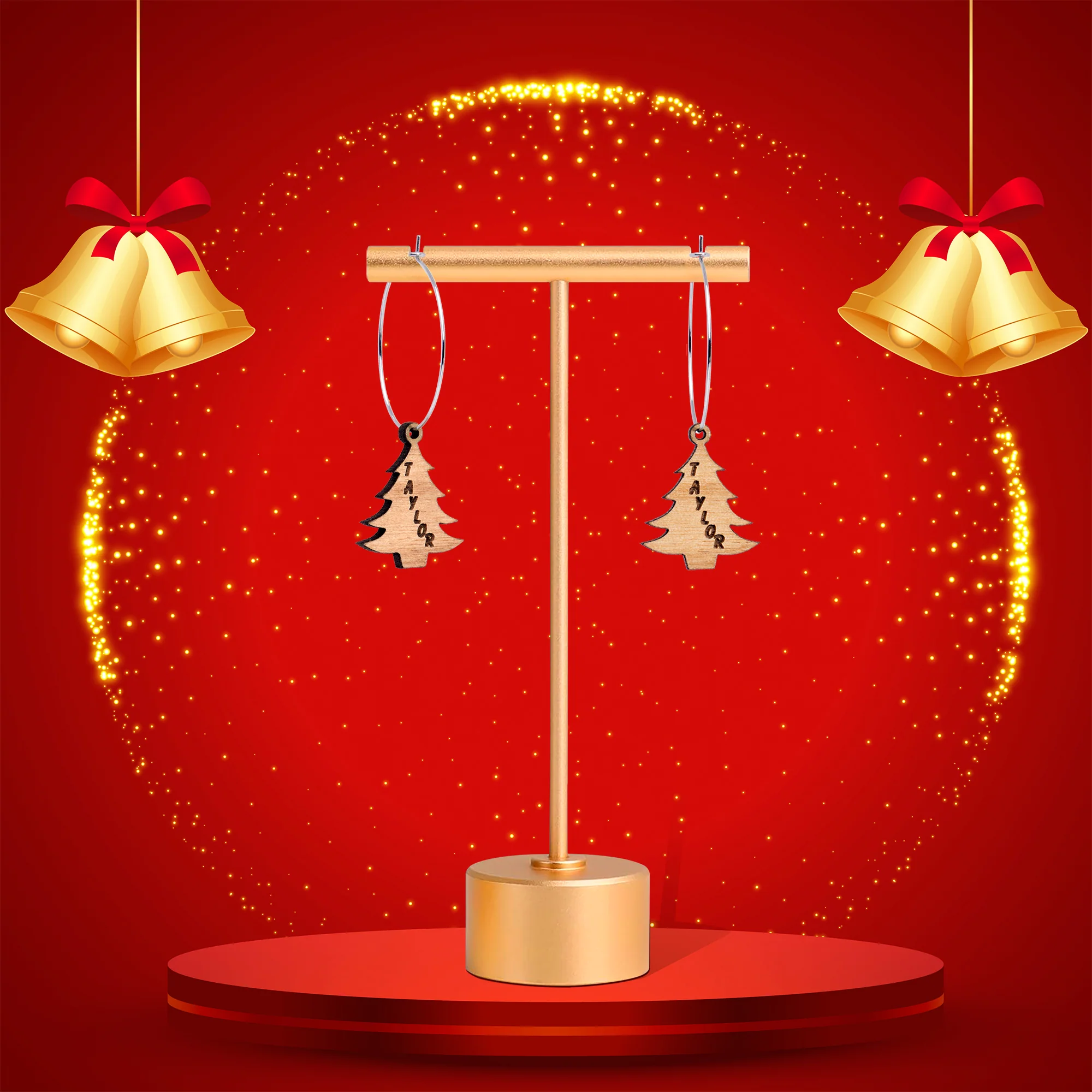 Custom Natural Wood Christmas Tree Personalized Hoop Earrings - Image 5