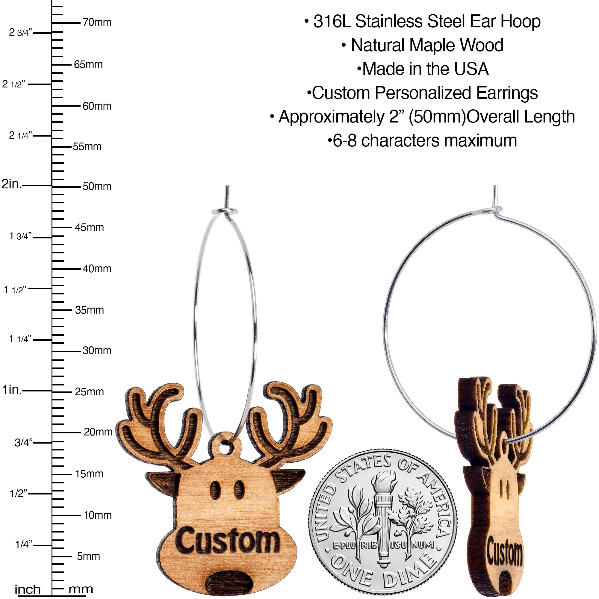 Custom Natural Wood Holiday Reindeer Personalized Hoop Earrings - Image 2