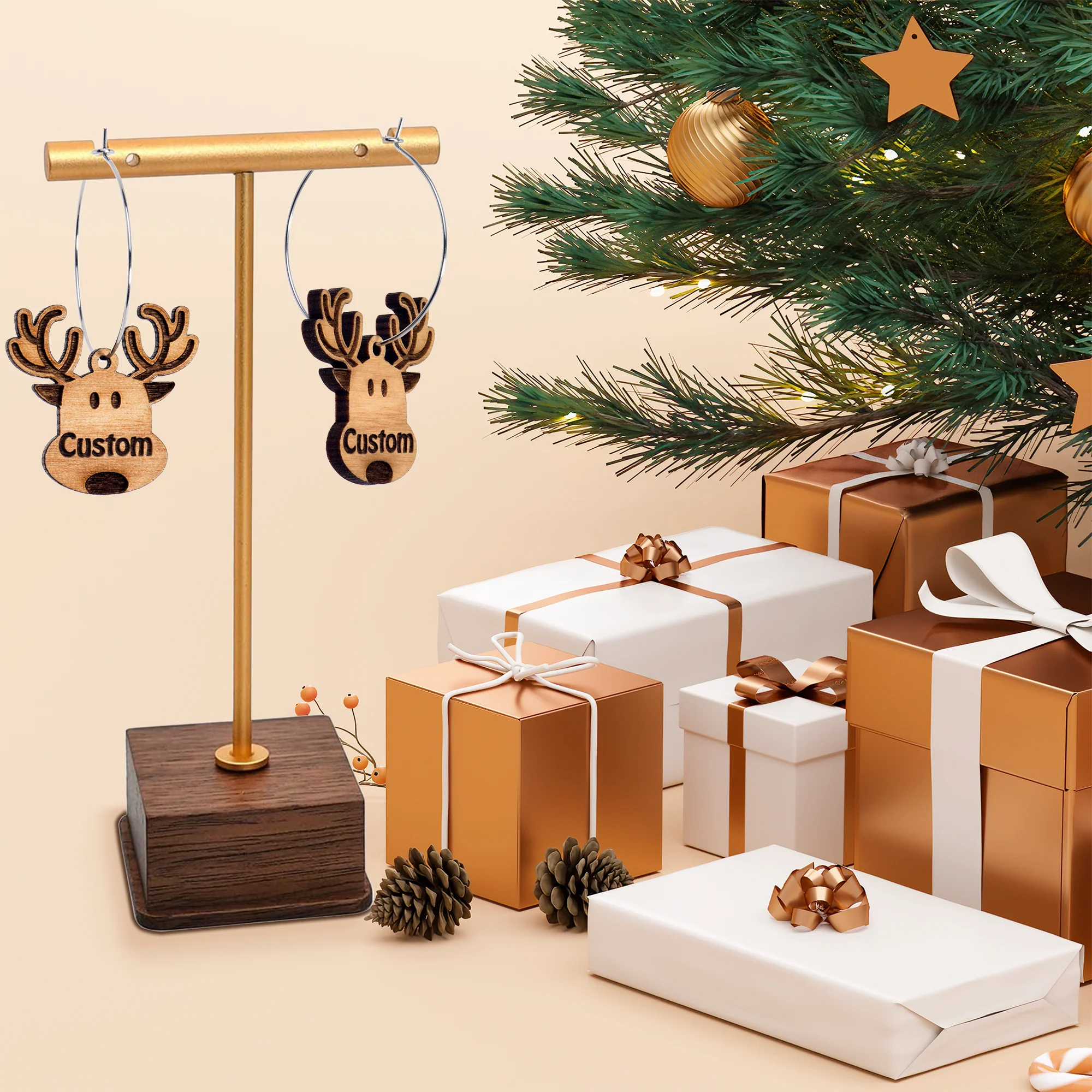 Custom Natural Wood Holiday Reindeer Personalized Hoop Earrings - Image 3