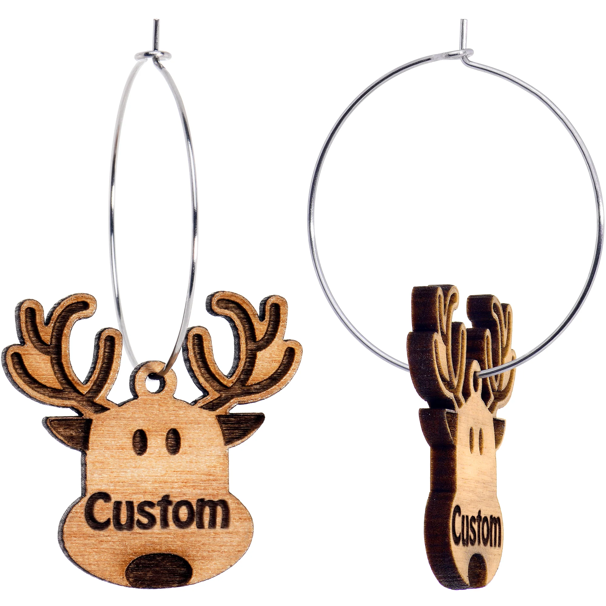 Custom Natural Wood Holiday Reindeer Personalized Hoop Earrings - Image 4