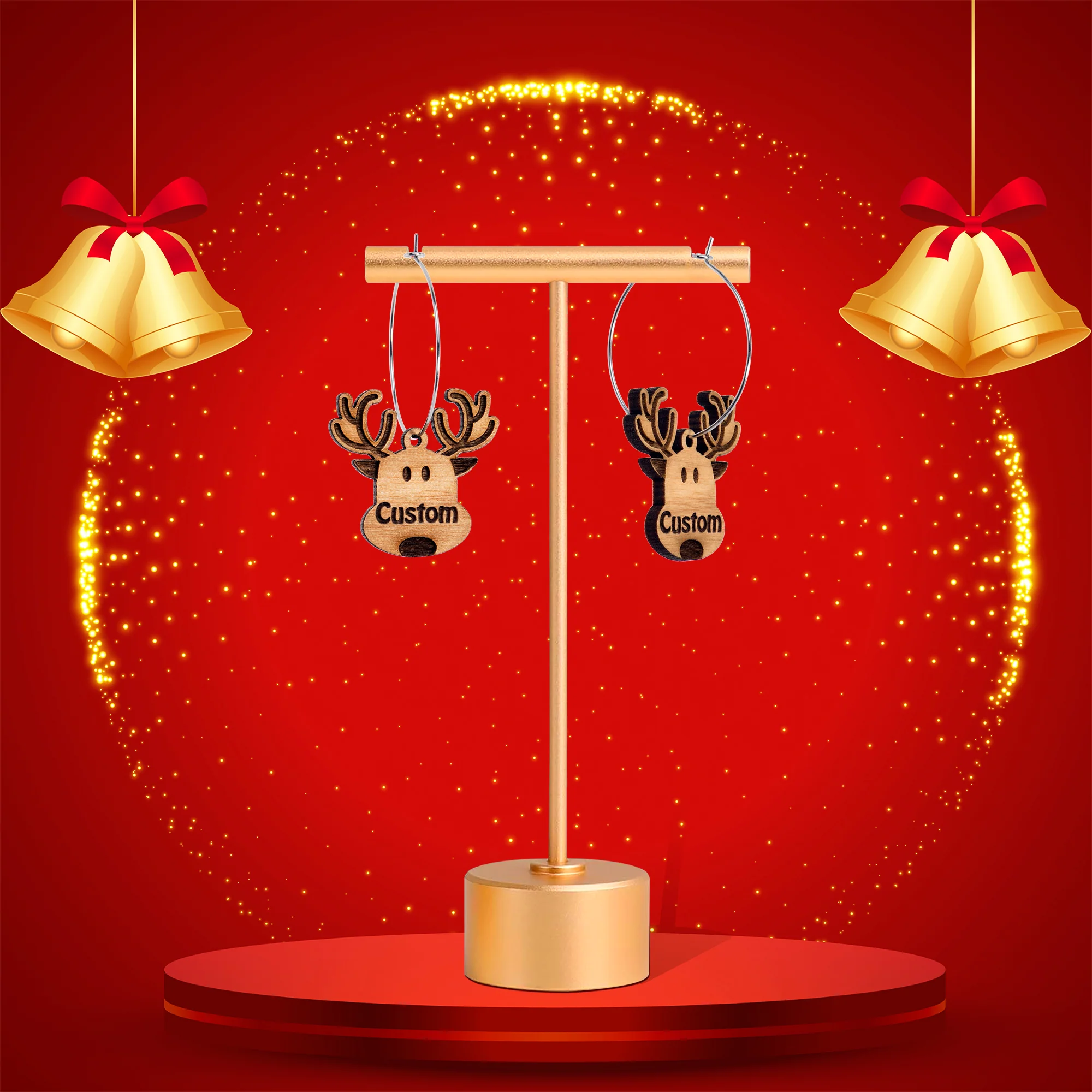 Custom Natural Wood Holiday Reindeer Personalized Hoop Earrings - Image 5