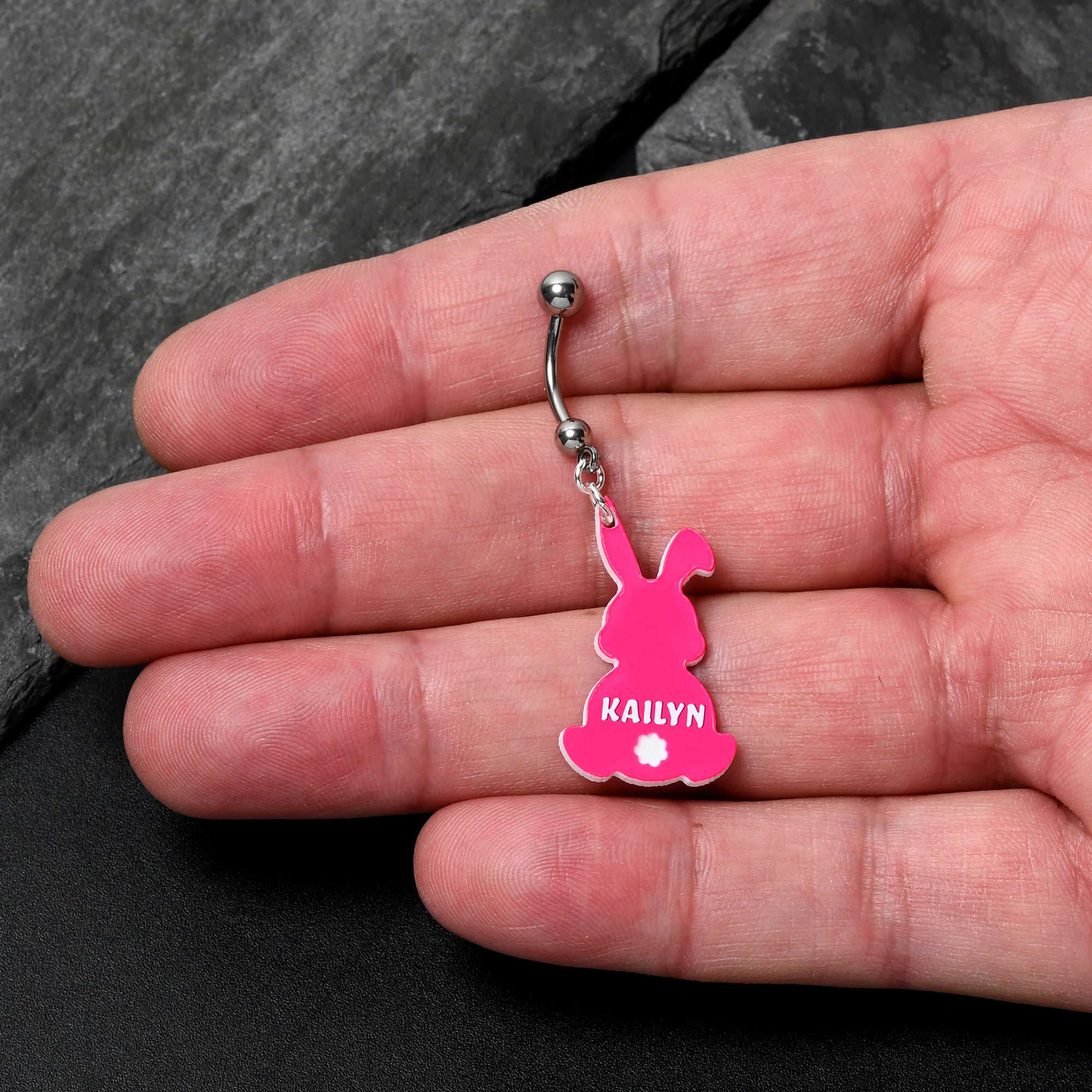Custom Pink Bunny Rabbit Personalized Dangle Belly Ring - Image 3