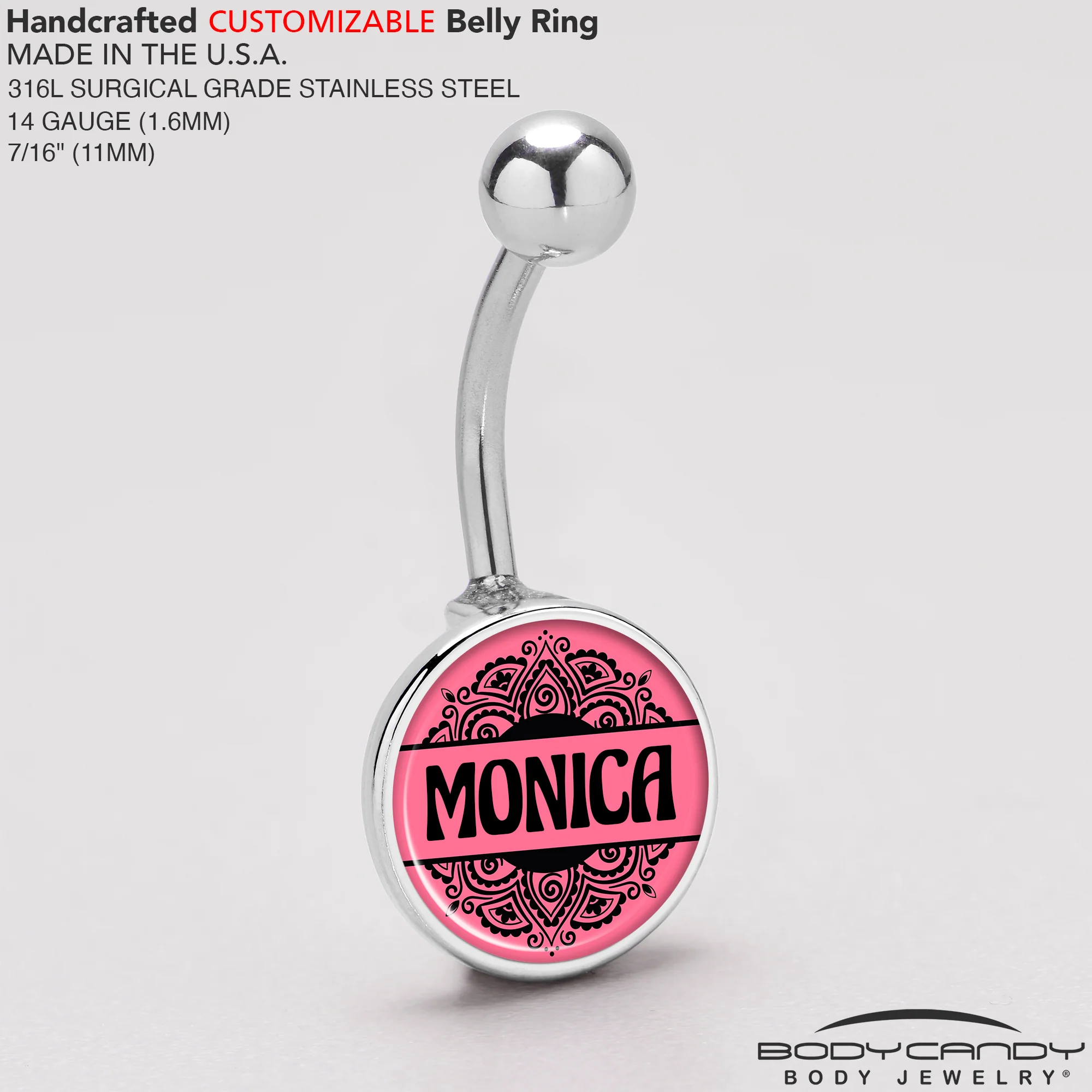 Custom Pink Mandala Personalized Name Belly Ring - Image 5