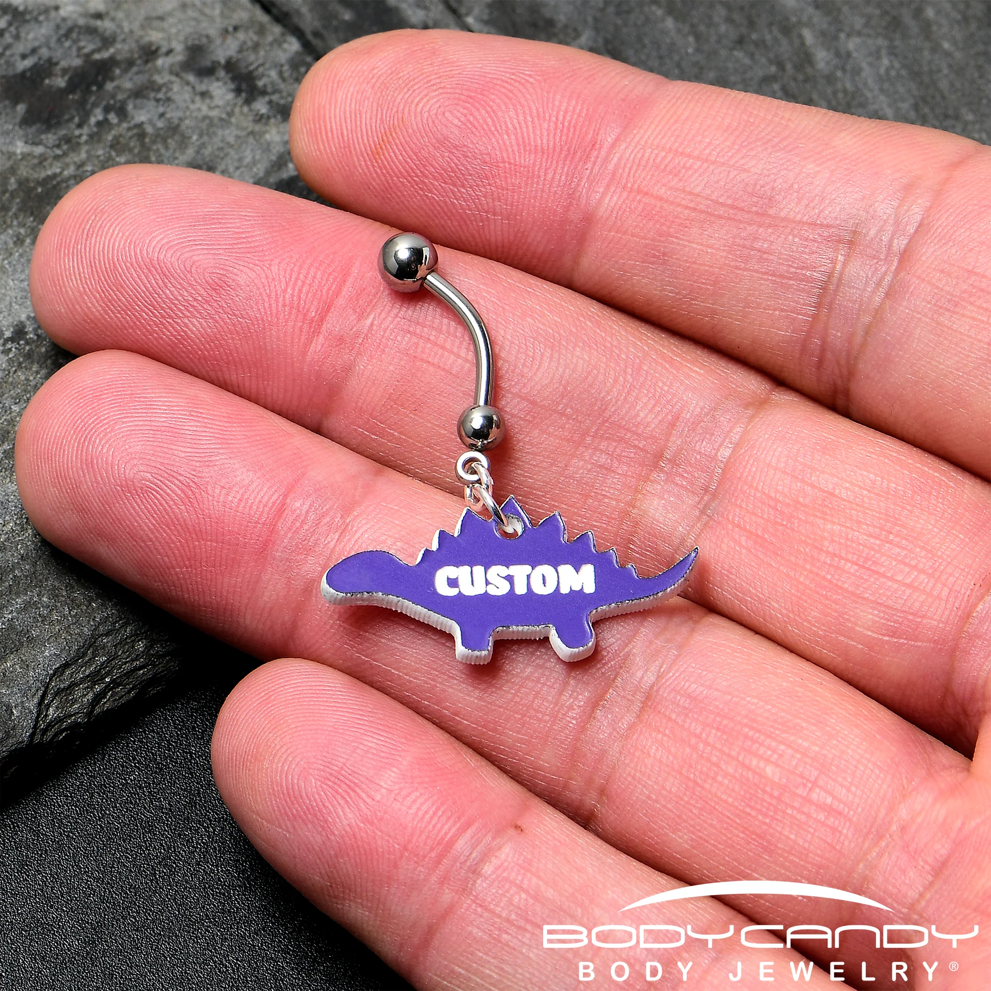 Custom Purple Stegosaurus Dinosaur Personalized Dangle Belly Ring - Image 2