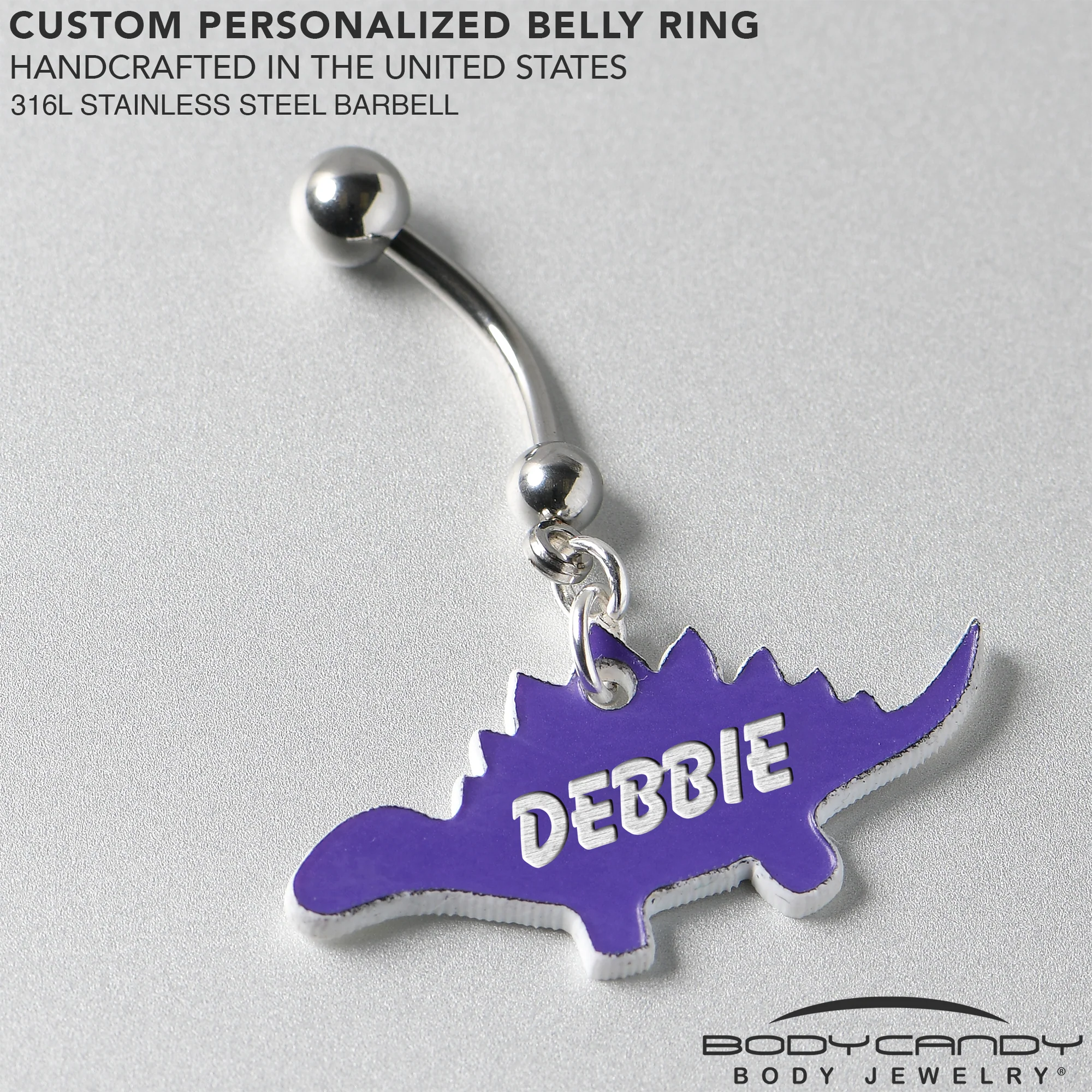 Custom Purple Stegosaurus Dinosaur Personalized Dangle Belly Ring - Image 4