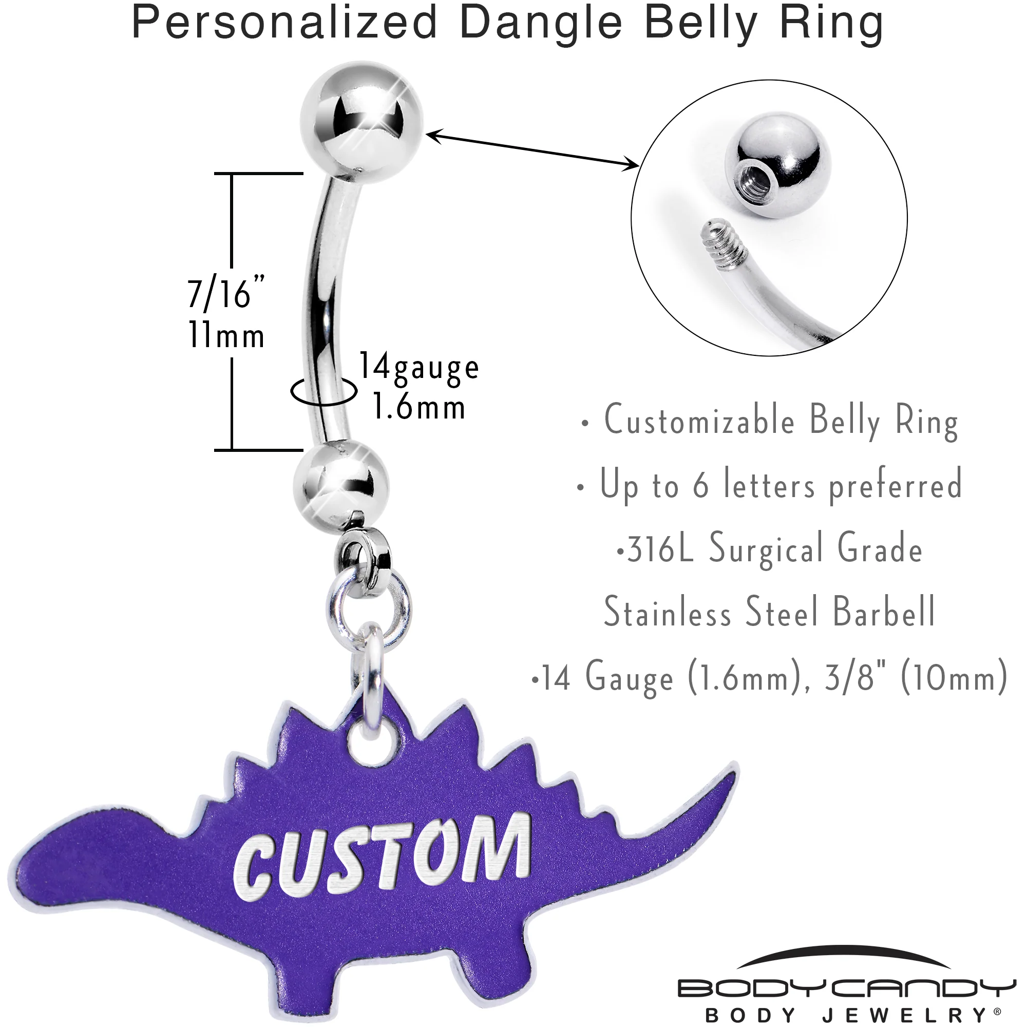 Custom Purple Stegosaurus Dinosaur Personalized Dangle Belly Ring - Image 5